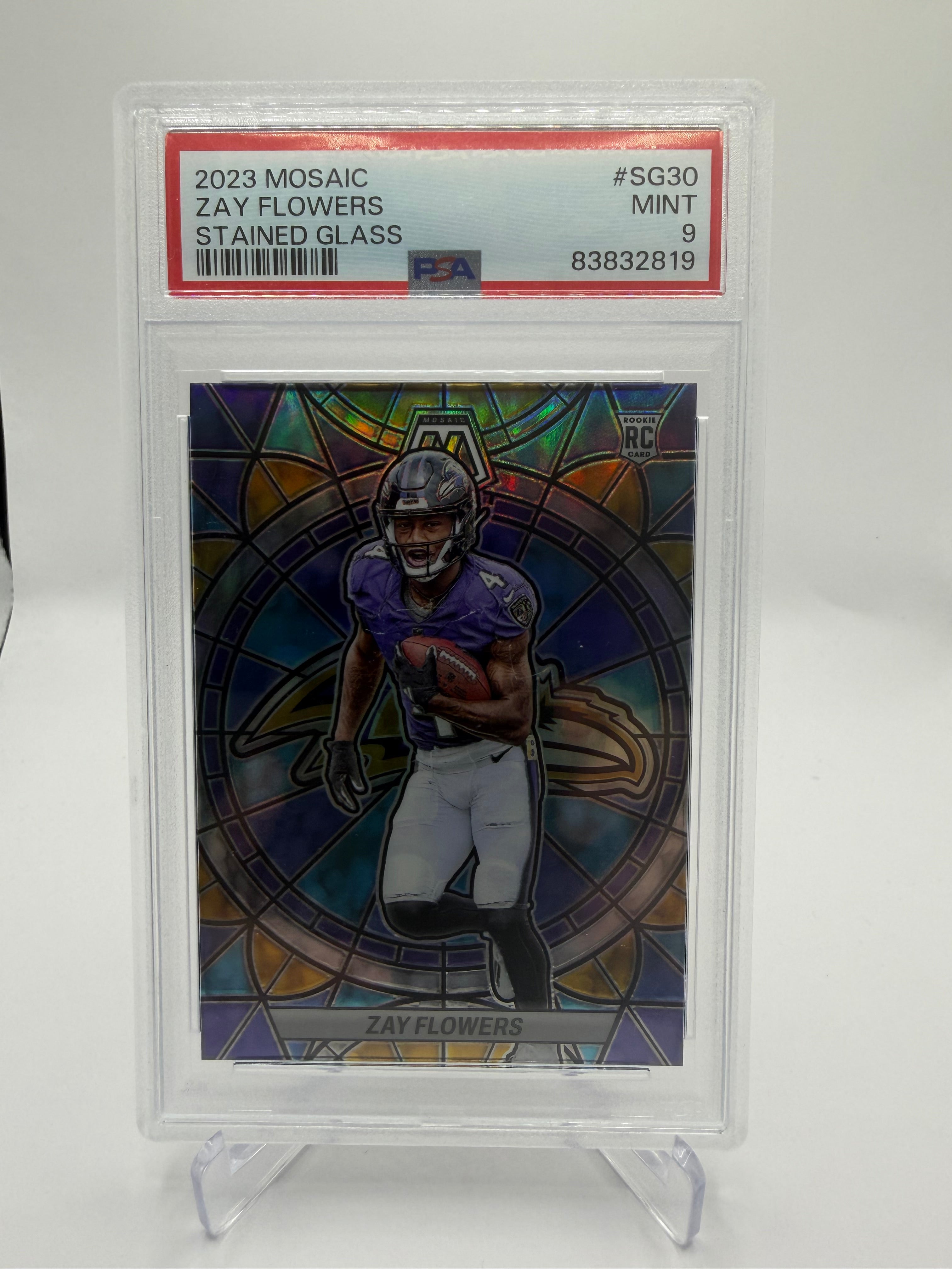 2023 Panini Mosaic Football Zay Flowers Stained Glass #SG-30 Rookie PSA 9