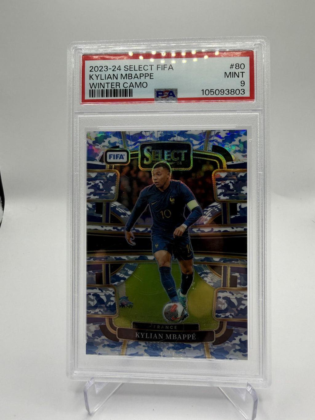 2023-24 Panini Select FIFA #80 Kylian Mbappé Winter Camo #/99 PSA 9