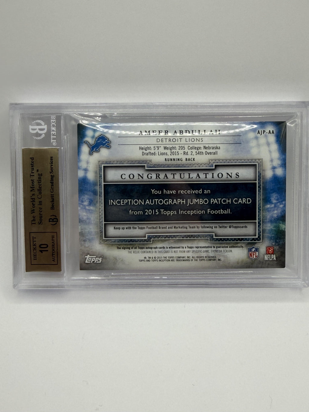 2015 Topps Inception Ameer Abdullah Autographed Jumbo Patches Magenta #/50 BGS 9.5