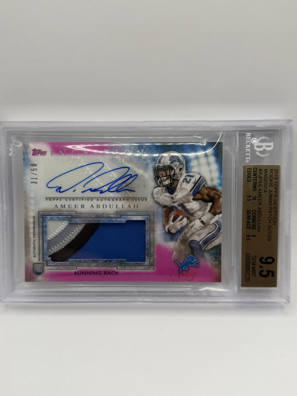 2015 Topps Inception Ameer Abdullah Autographed Jumbo Patches Magenta #/50 BGS 9.5