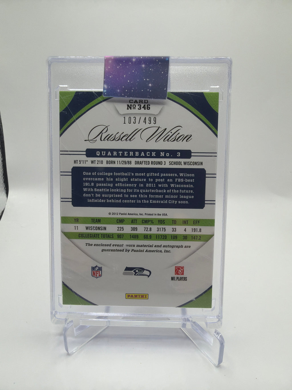 2012 Panini Certified Freshman Fabric Signatures Russell Wilson Rookie Jersey Autograph #346 103/499