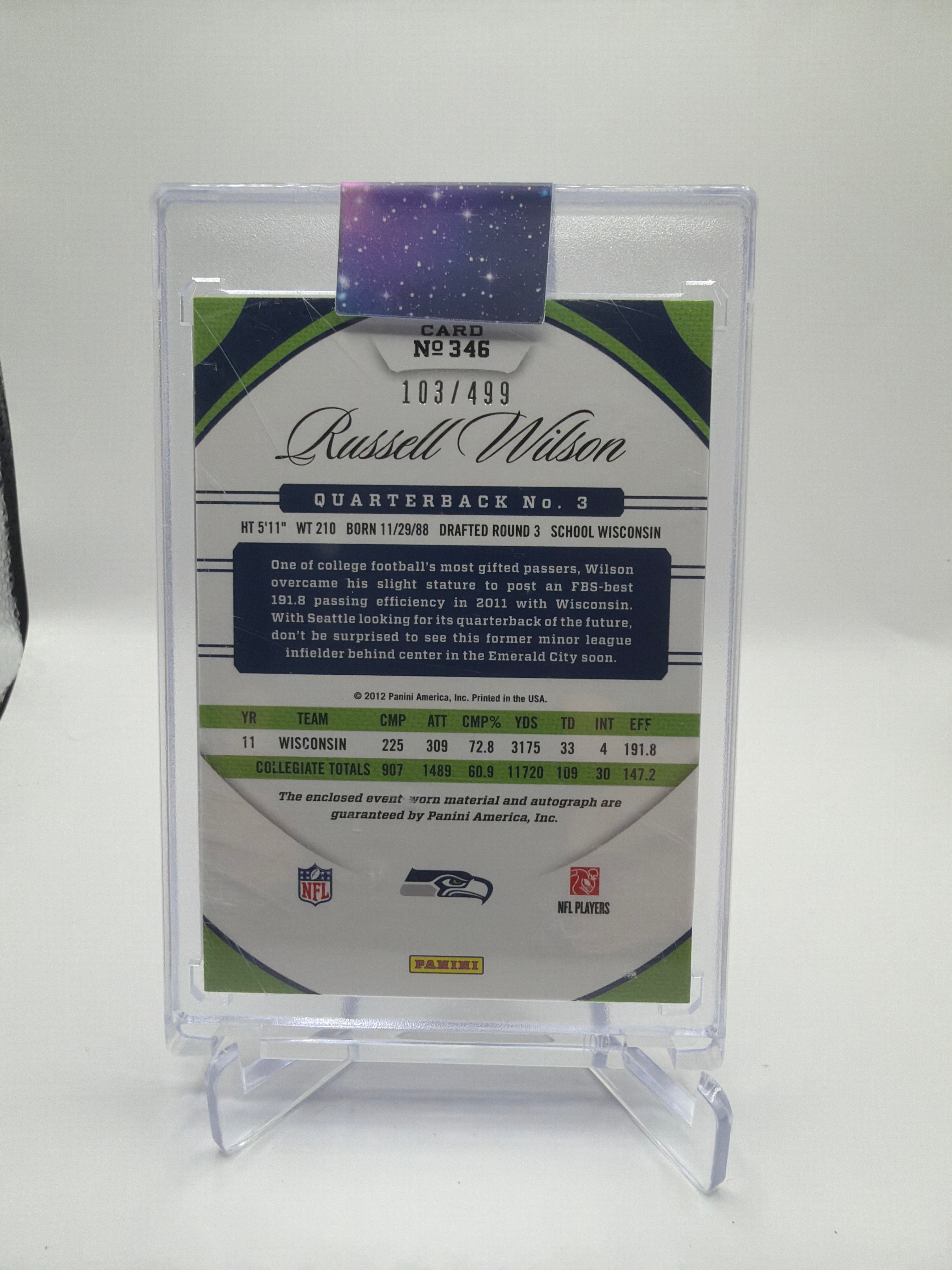 2012 Panini Certified Freshman Fabric Signatures Russell Wilson Rookie Jersey Autograph #346 103/499