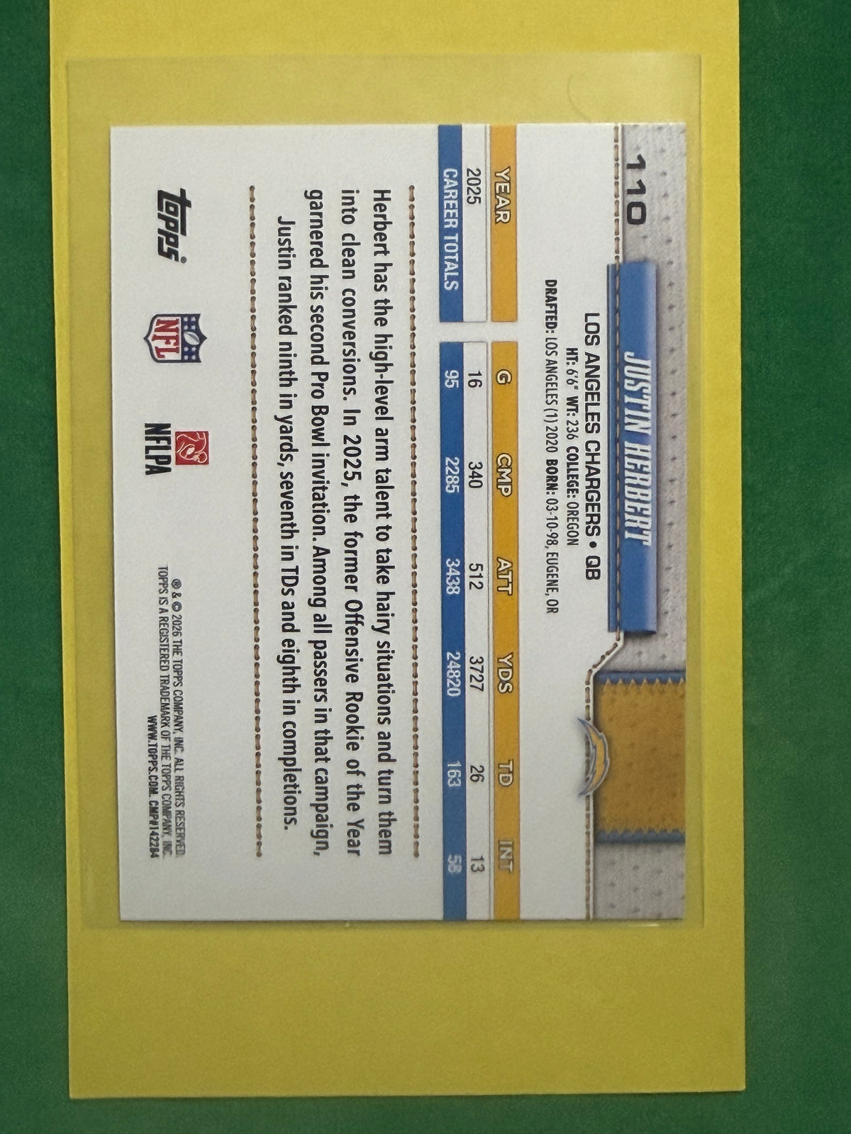 2026 Topps Football #110 Justin Herbert Pink Sand Glitter