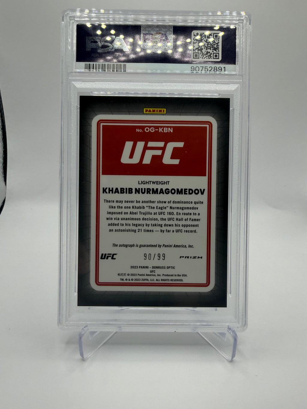 2023 Panini Donruss Optic UFC Khabib Nurmagomedov Opti-Graphs Blue Prizm Auto #OG-KBN /99 PSA 9