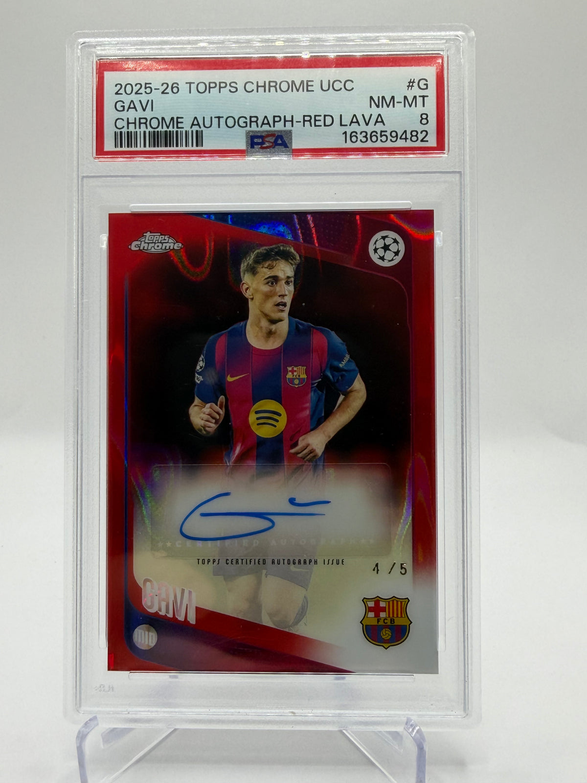 2025-26 Topps Chrome UEFA Club Competitions Gavi Chrome Autograph Red Lava Refractor #CA-G /5 PSA 8