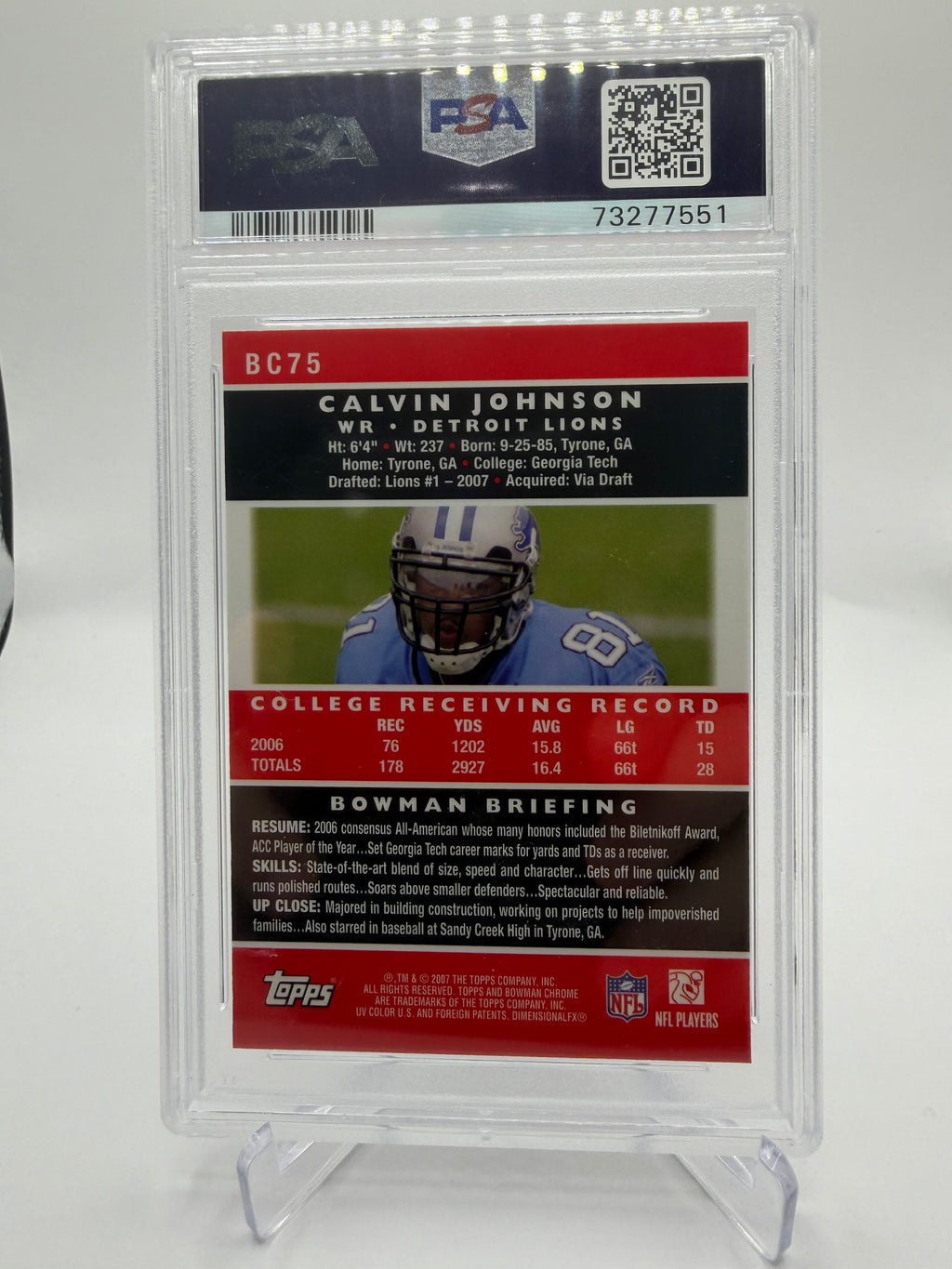 2007 Bowman Chrome Calvin Johnson Rookie Card #BC75 PSA 9