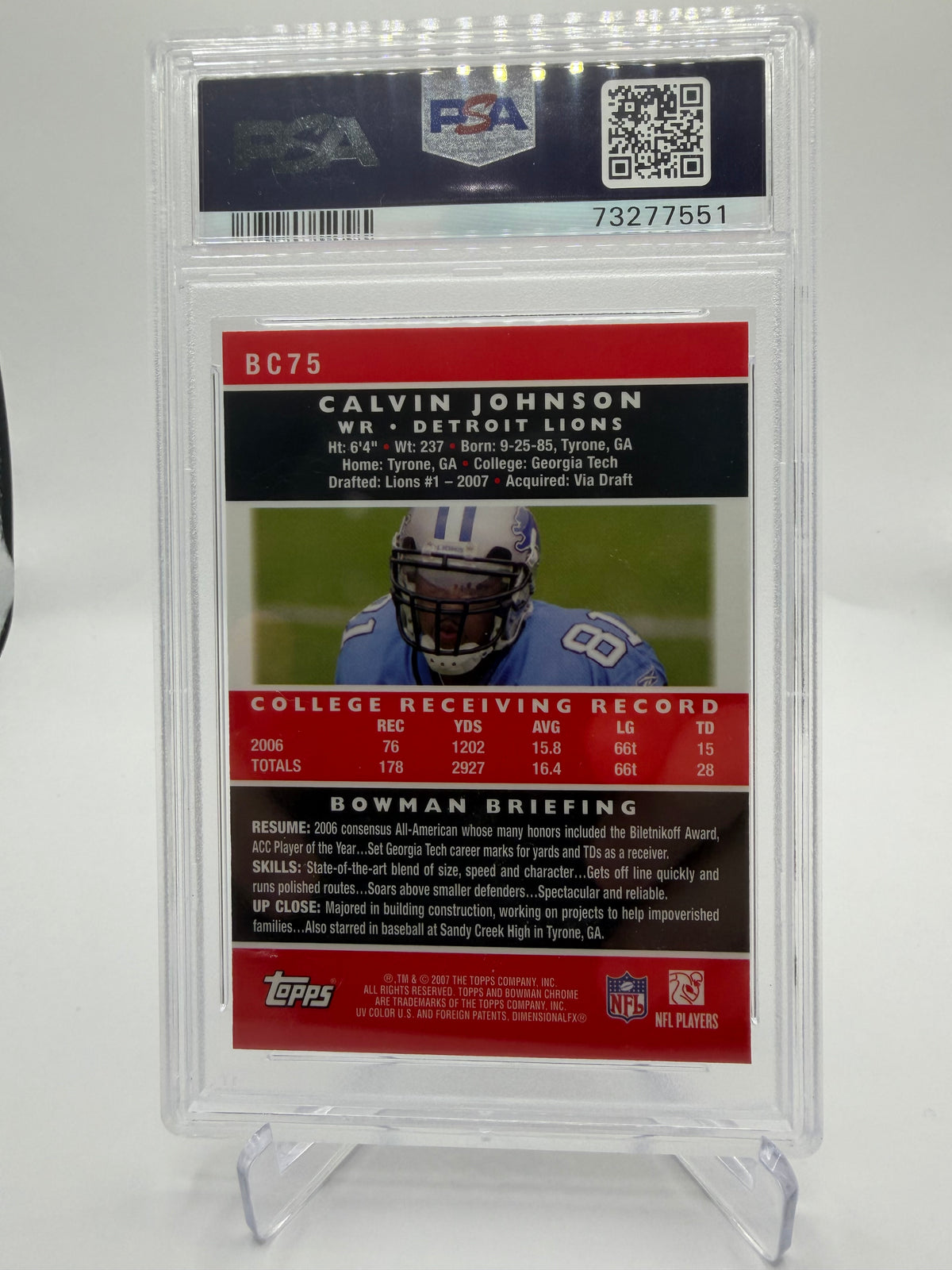 2007 Bowman Chrome Calvin Johnson Rookie Card #BC75 PSA 9