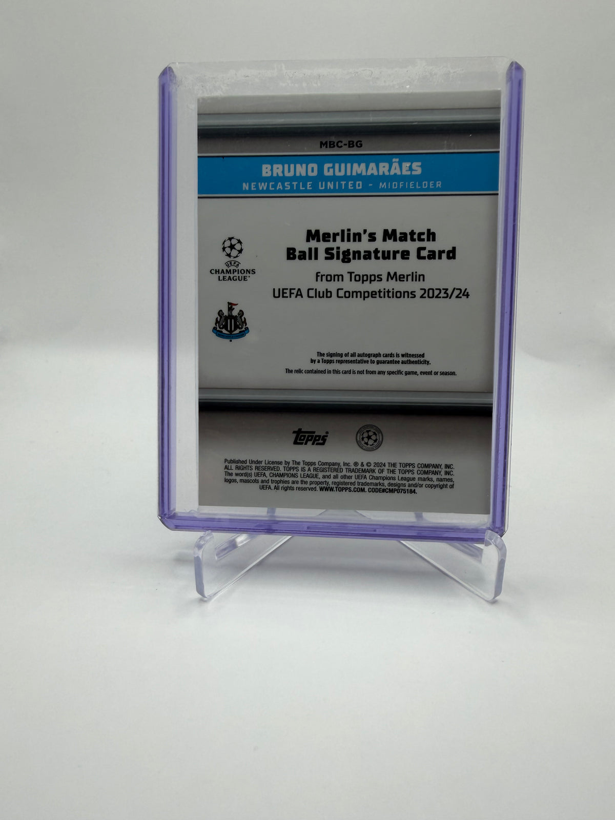2023-24 Topps Merlin UEFA Club Competitions Bruno Guimarães Merlin's Match Ball Signature Card Autograph Relic #MBC-BG /25