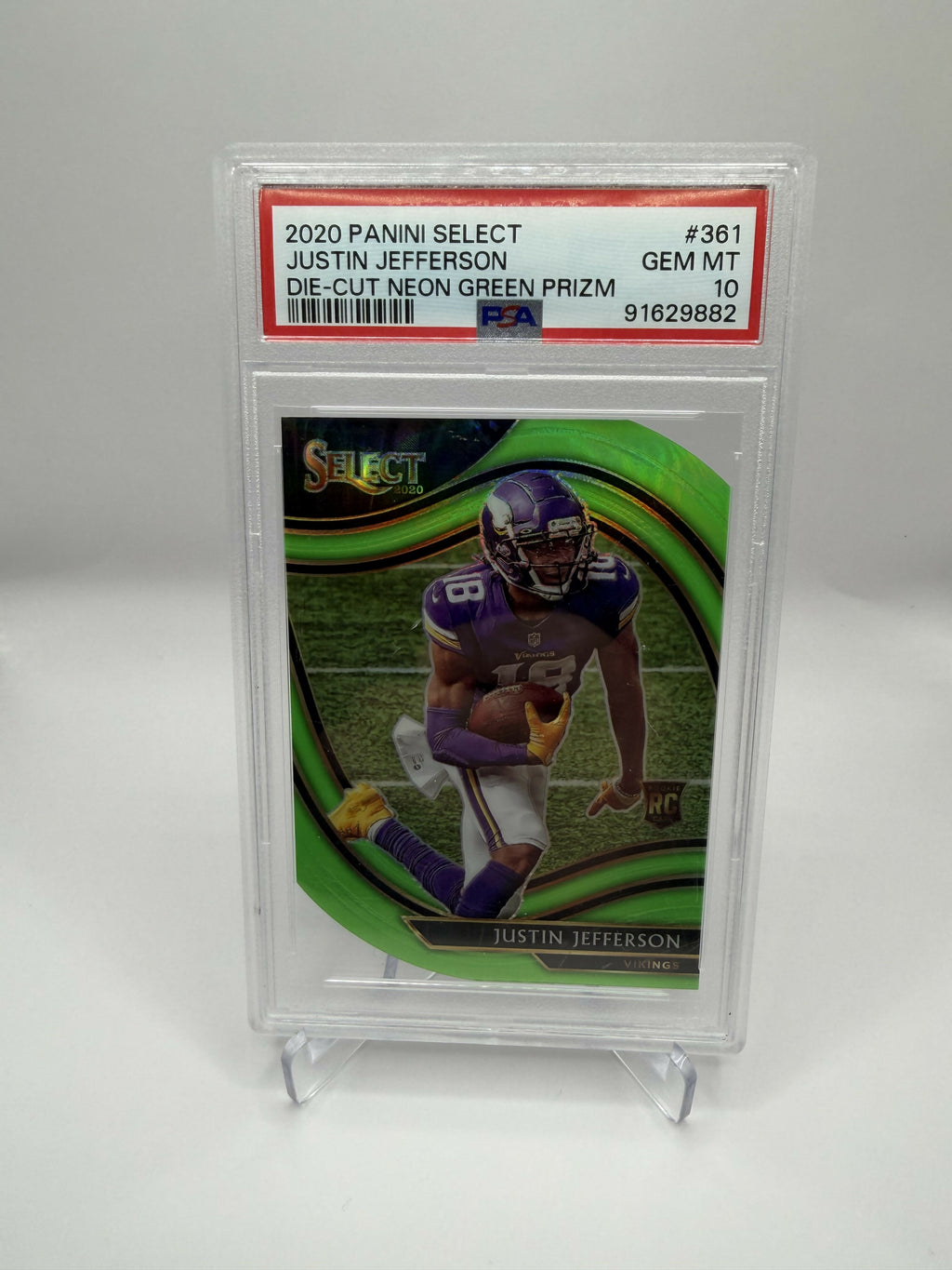 2020 Panini Select Justin Jefferson Die-Cut Neon Green Prizm Rookie PSA10