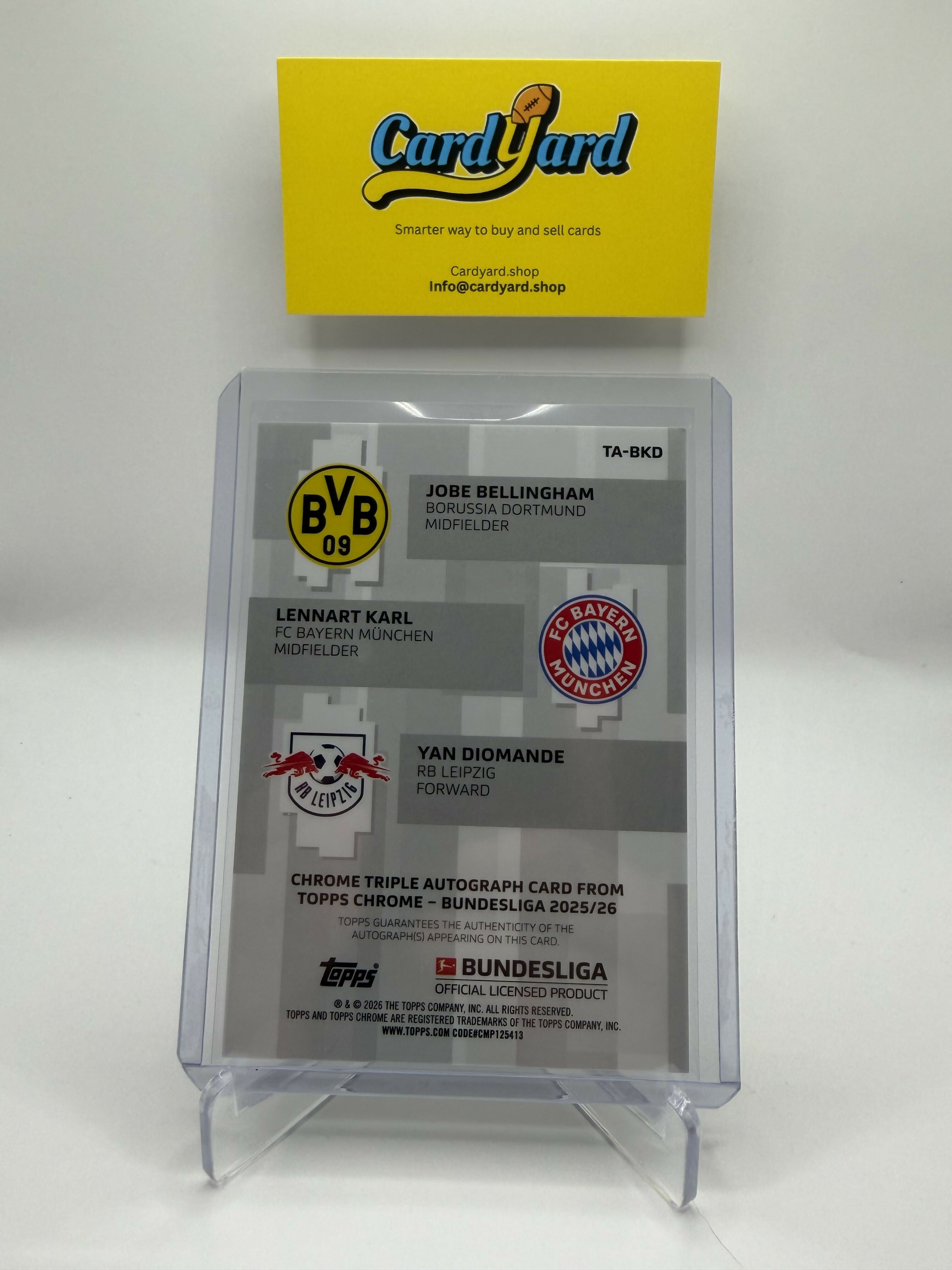 2026 Bundesliga Chrome Jobe Bellingham, Lennart Karl, Yan Diomande Triple Auto /25
