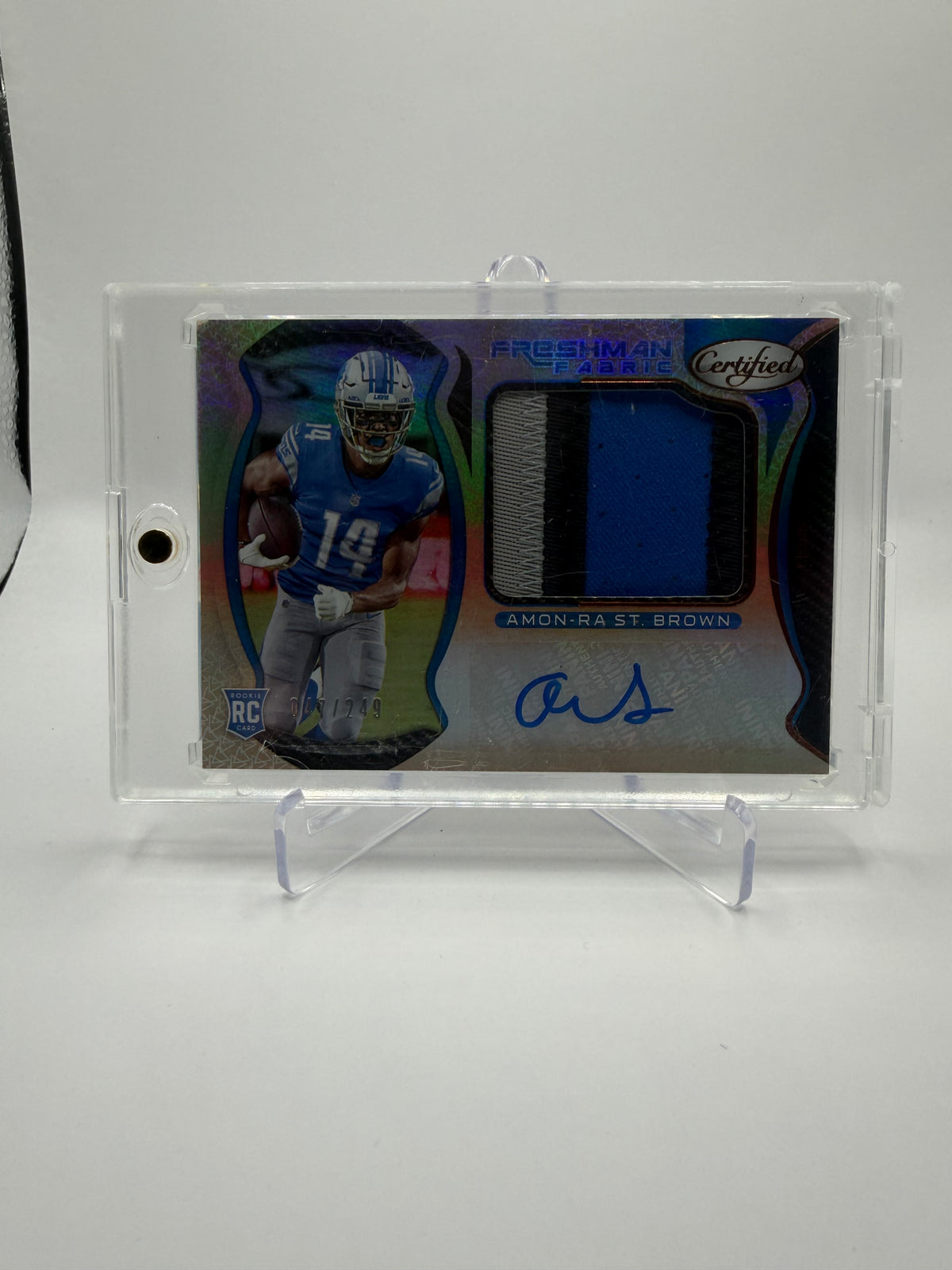 2021 Panini Certified Football Freshman Fabric Mirror Orange Amon-Ra St. Brown Rookie Patch Auto /249 #228