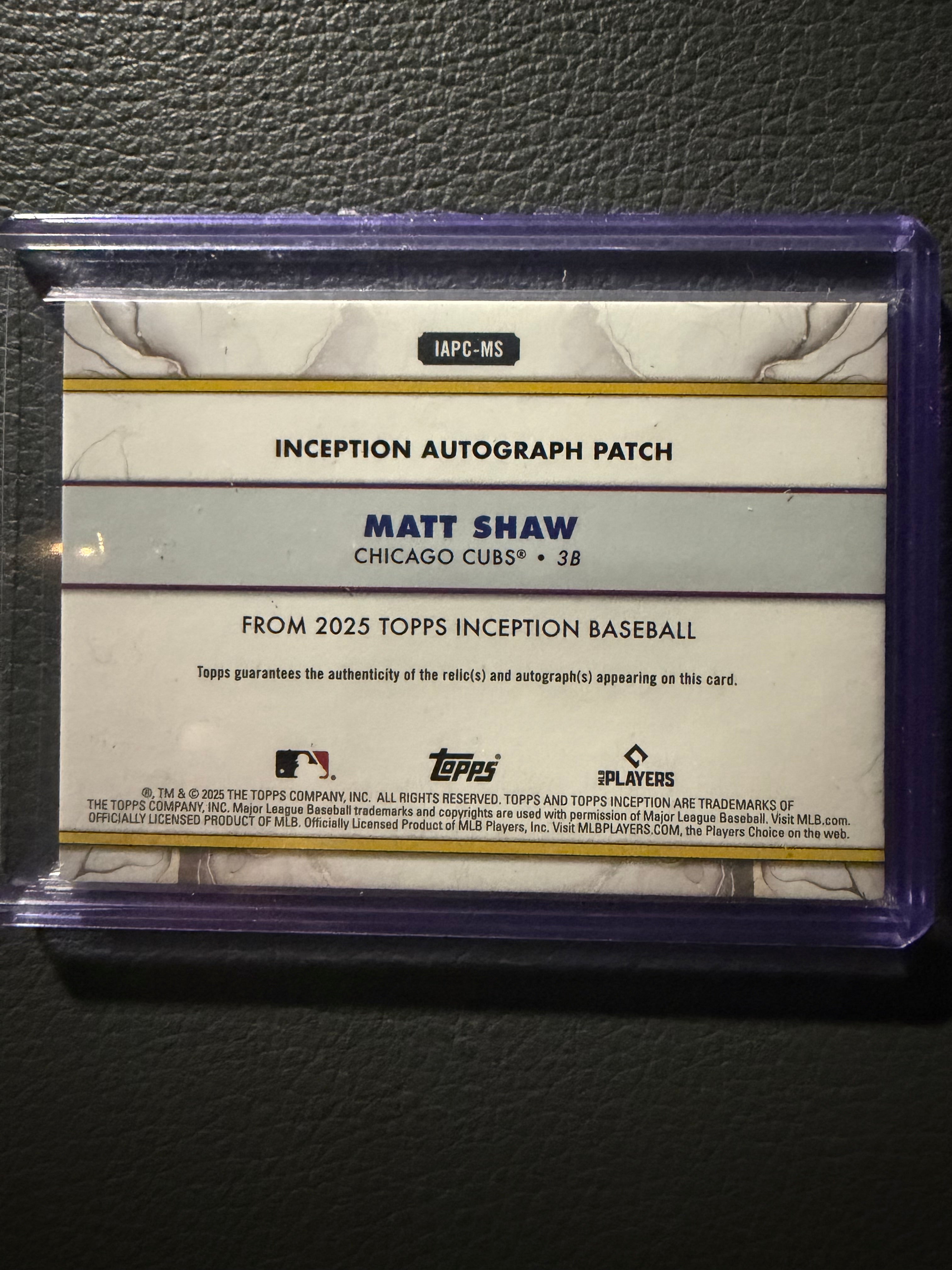 2025 Topps Inception Baseball Matt Shaw Rookie Inception Autograph Patch Green Parallel /125