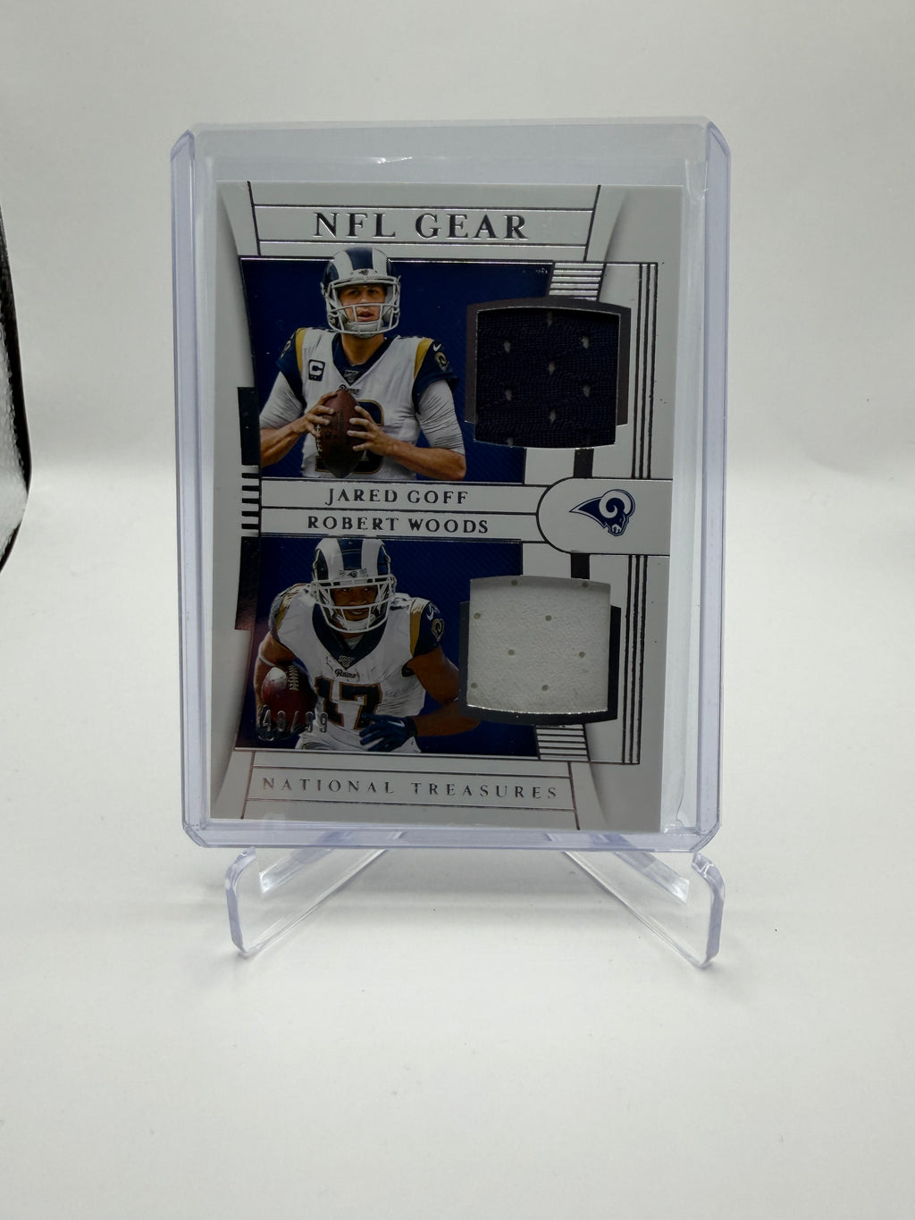 2019 Panini National Treasures Football NFL Gear Combo Materials Jared Goff / Robert Woods Dual Relic #CM-20  /99