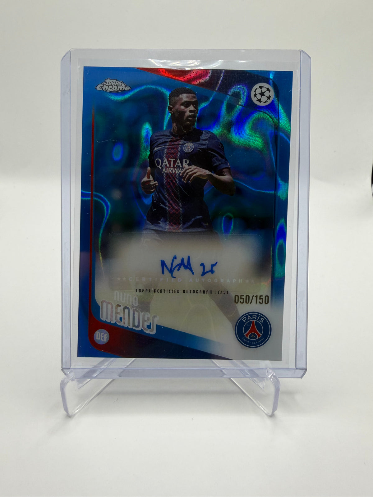 2025-26 Topps Chrome UEFA Club Competitions Nuno Mendes Chrome Autograph Blue Refractor #CA-NM /150