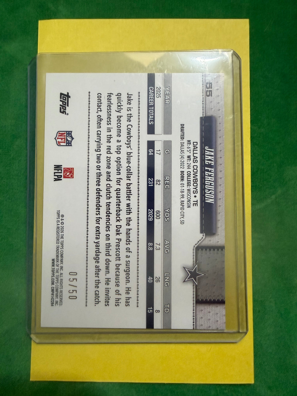 2025 Topps Football Jake Ferguson #55 Gold Parallel Serial Numbered 05/50