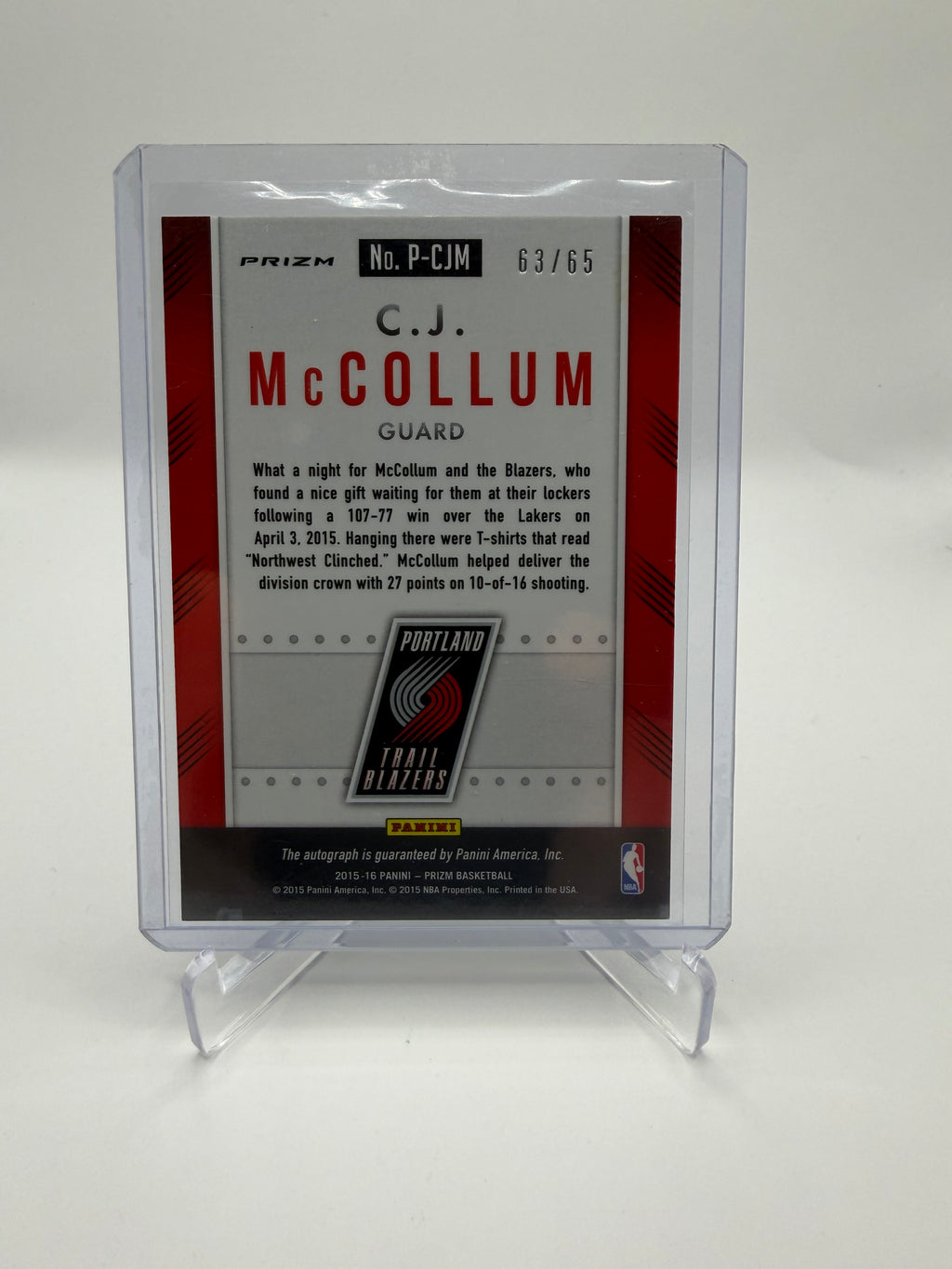 2015-16 Panini Prizm Basketball Autographs Orange Prizm C.J. McCollum Auto #P-CJM /65