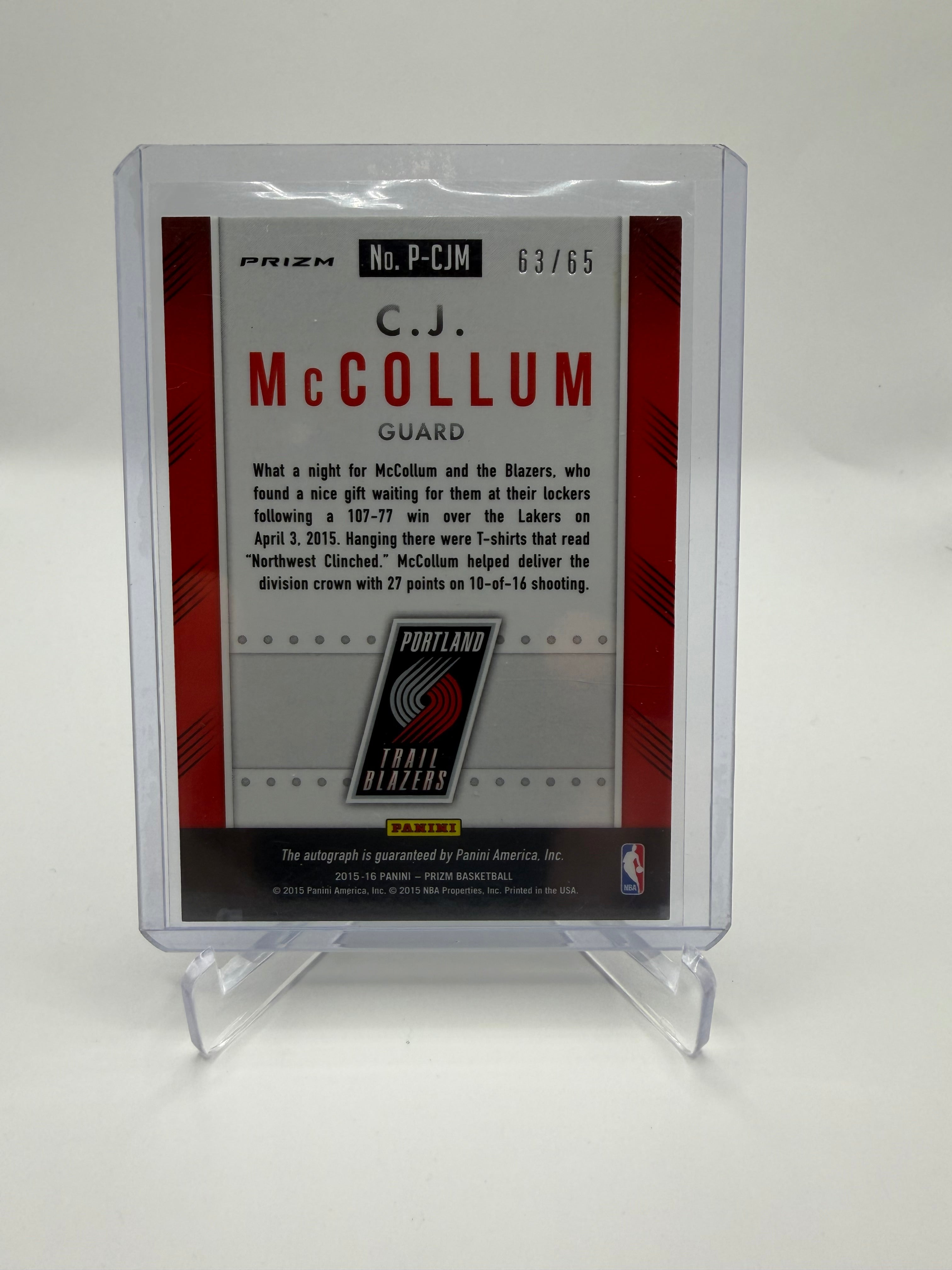2015-16 Panini Prizm Basketball Autographs Orange Prizm C.J. McCollum Auto #P-CJM /65