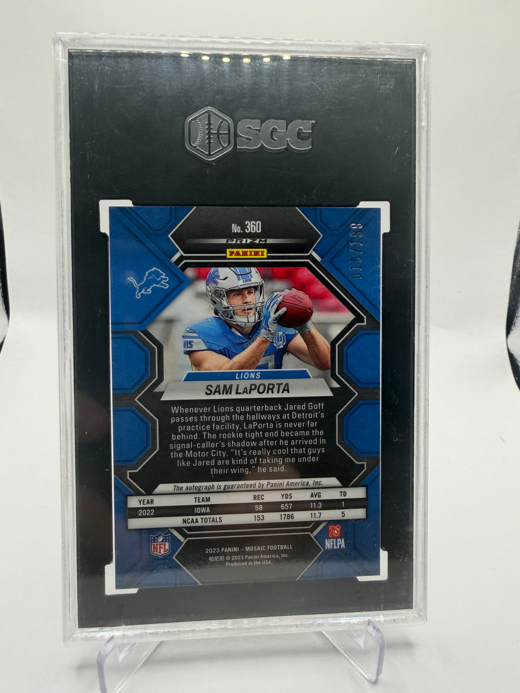 2023 Panini Mosaic Football Sam LaPorta Rookie Autographs Red Prizm #360 /199 SGC 9.5 Auto 10