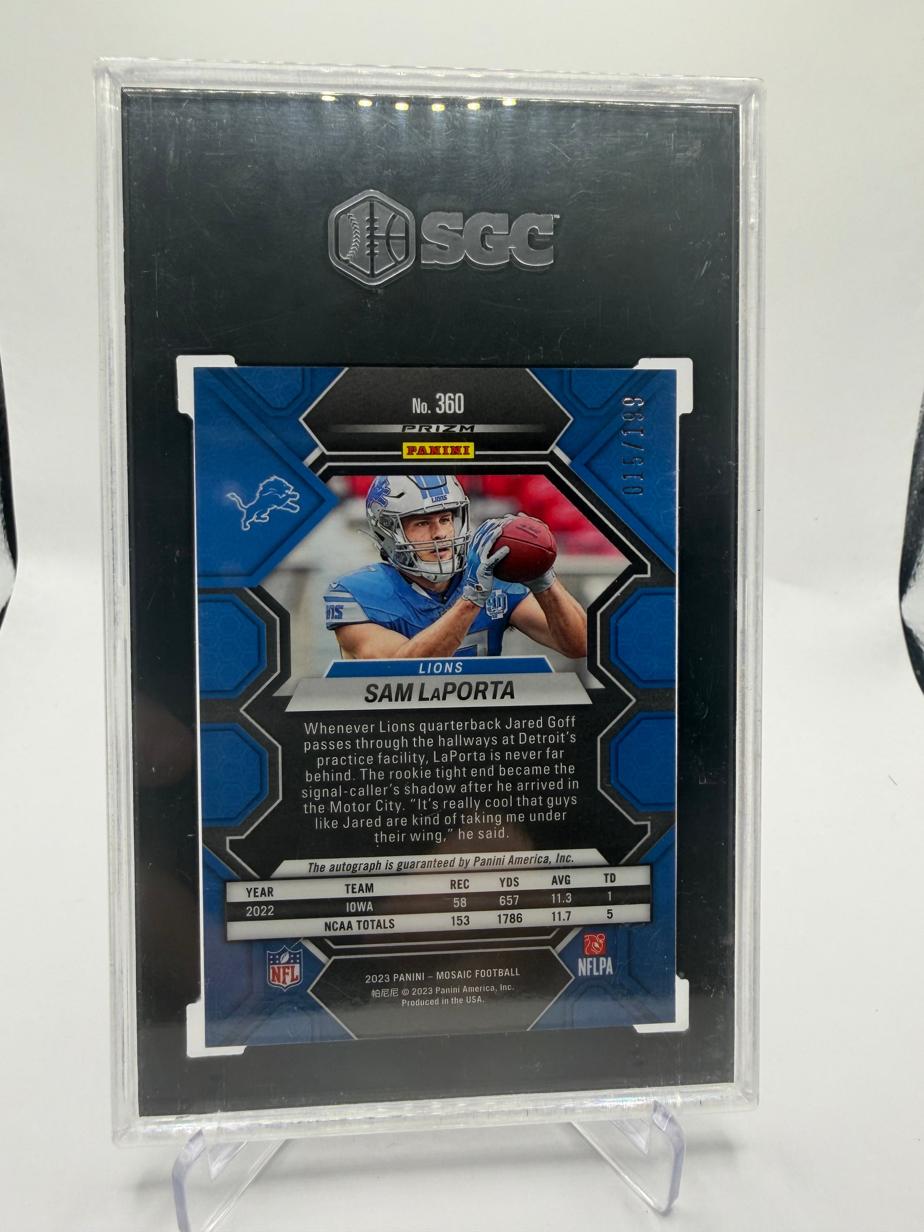 2023 Panini Mosaic Football Sam LaPorta Rookie Autographs Red Prizm #360 /199 SGC 9.5 Auto 10