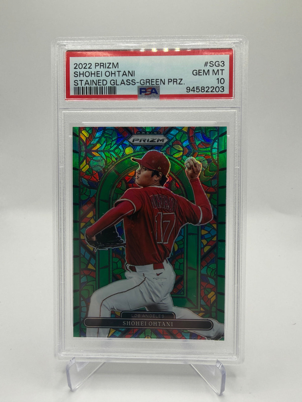 2022 Panini Prizm Baseball Shohei Ohtani Stained Glass Green Prizm #SG-3 PSA 10