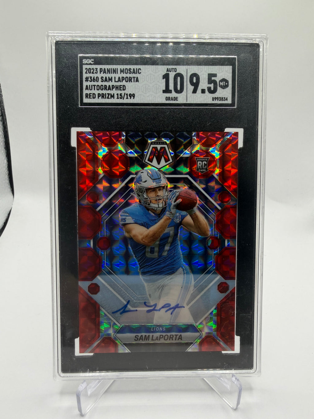 2023 Panini Mosaic Football Sam LaPorta Rookie Autographs Red Prizm #360 /199 SGC 9.5 Auto 10
