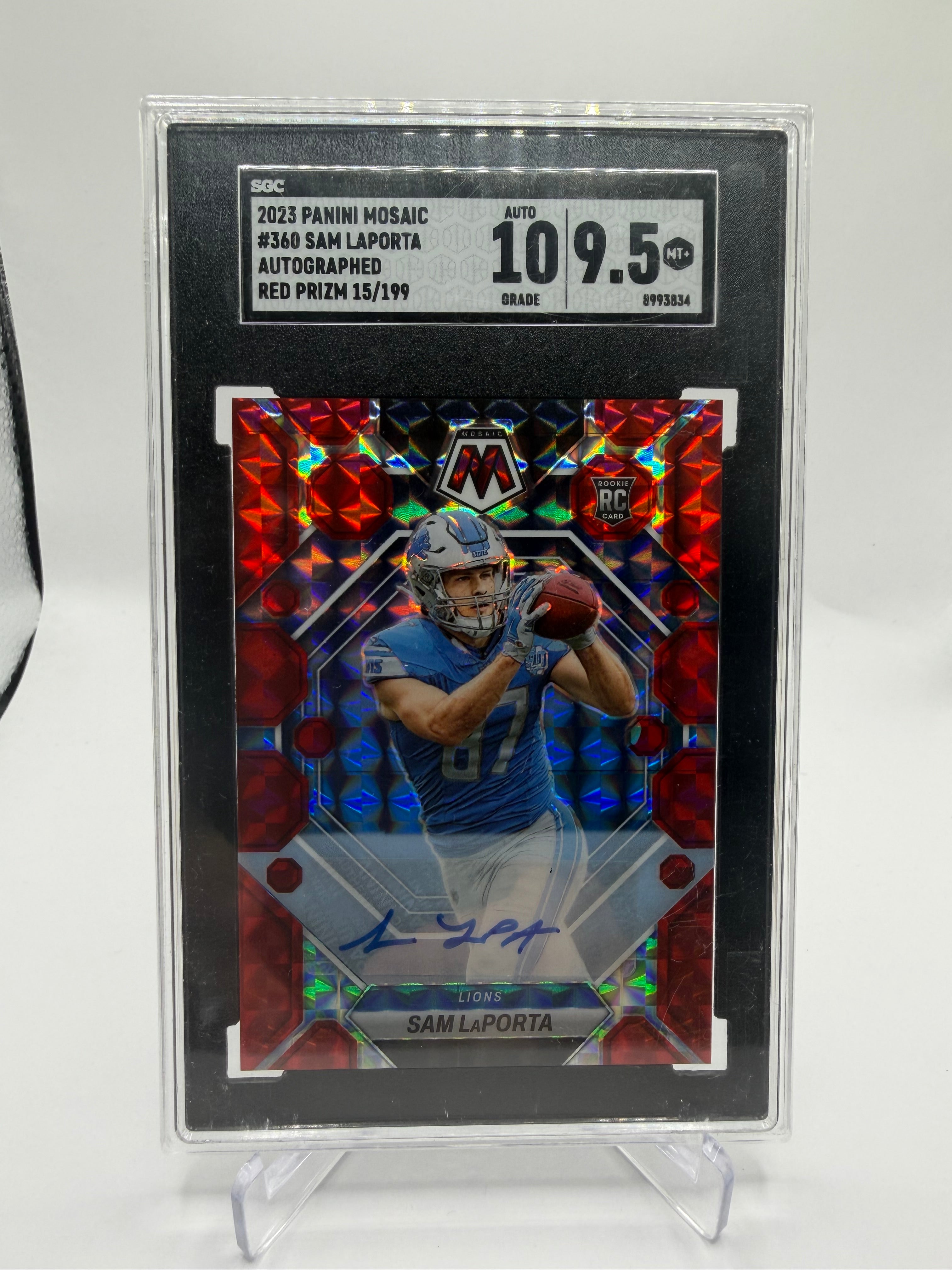 2023 Panini Mosaic Football Sam LaPorta Rookie Autographs Red Prizm #360 /199 SGC 9.5 Auto 10