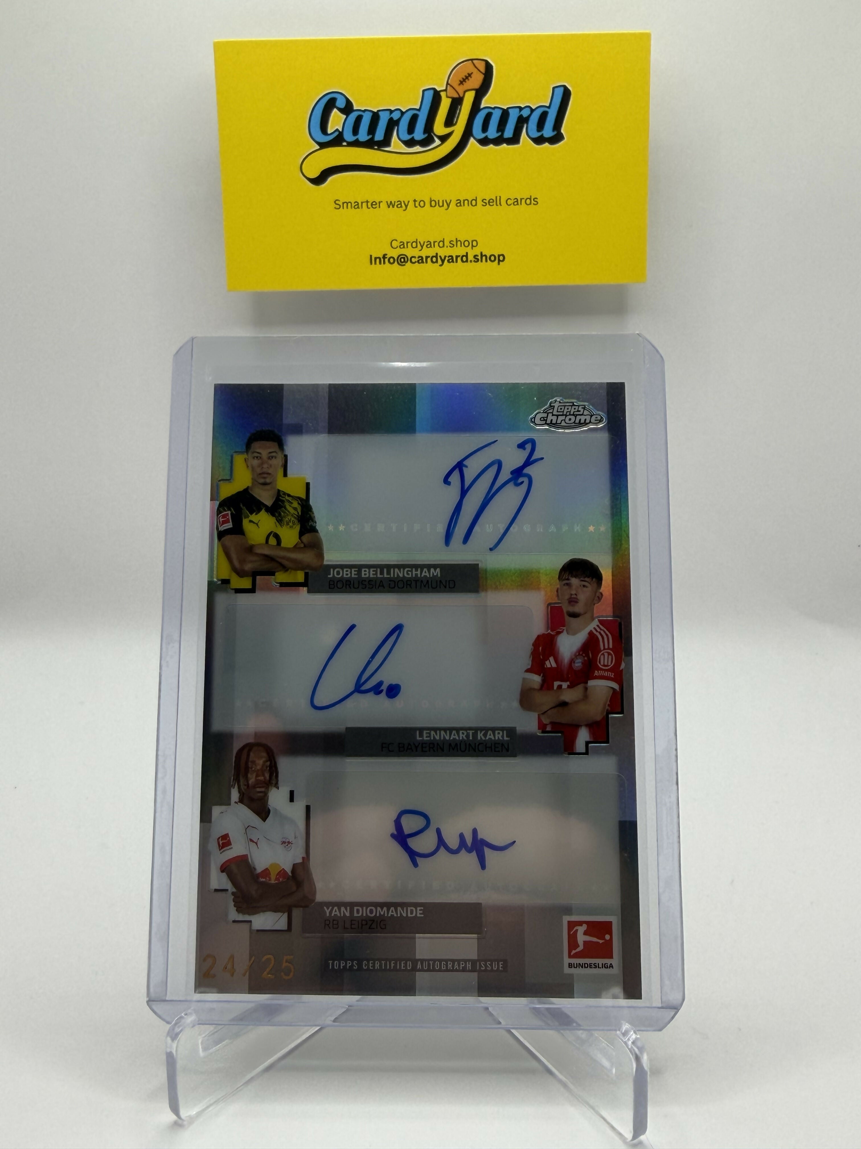 2026 Bundesliga Chrome Jobe Bellingham, Lennart Karl, Yan Diomande Triple Auto /25