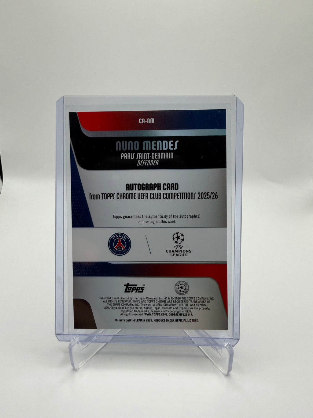 2025-26 Topps Chrome UEFA Club Competitions Nuno Mendes Chrome Autograph Blue Refractor #CA-NM /150