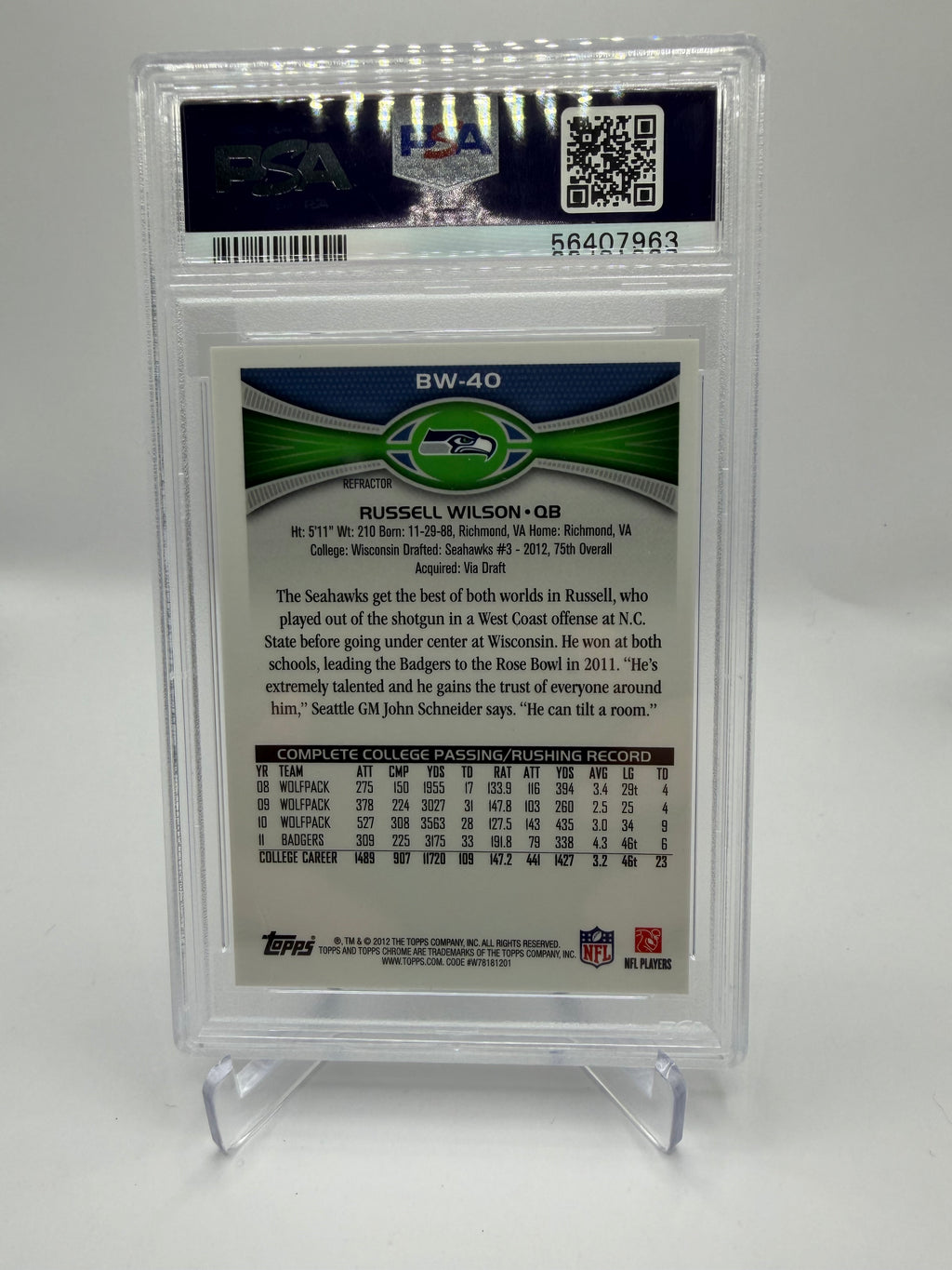 2012 Topps Chrome Russell Wilson Rookie Blue Wave Refractor #BW-40 PSA 8.5
