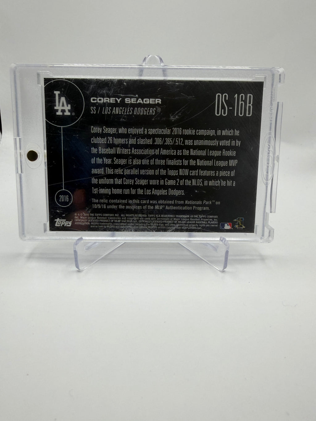 2016 Topps Now Corey Seager OS-16B Game-Used Jersey Relic Parallel Rookie Card /199
