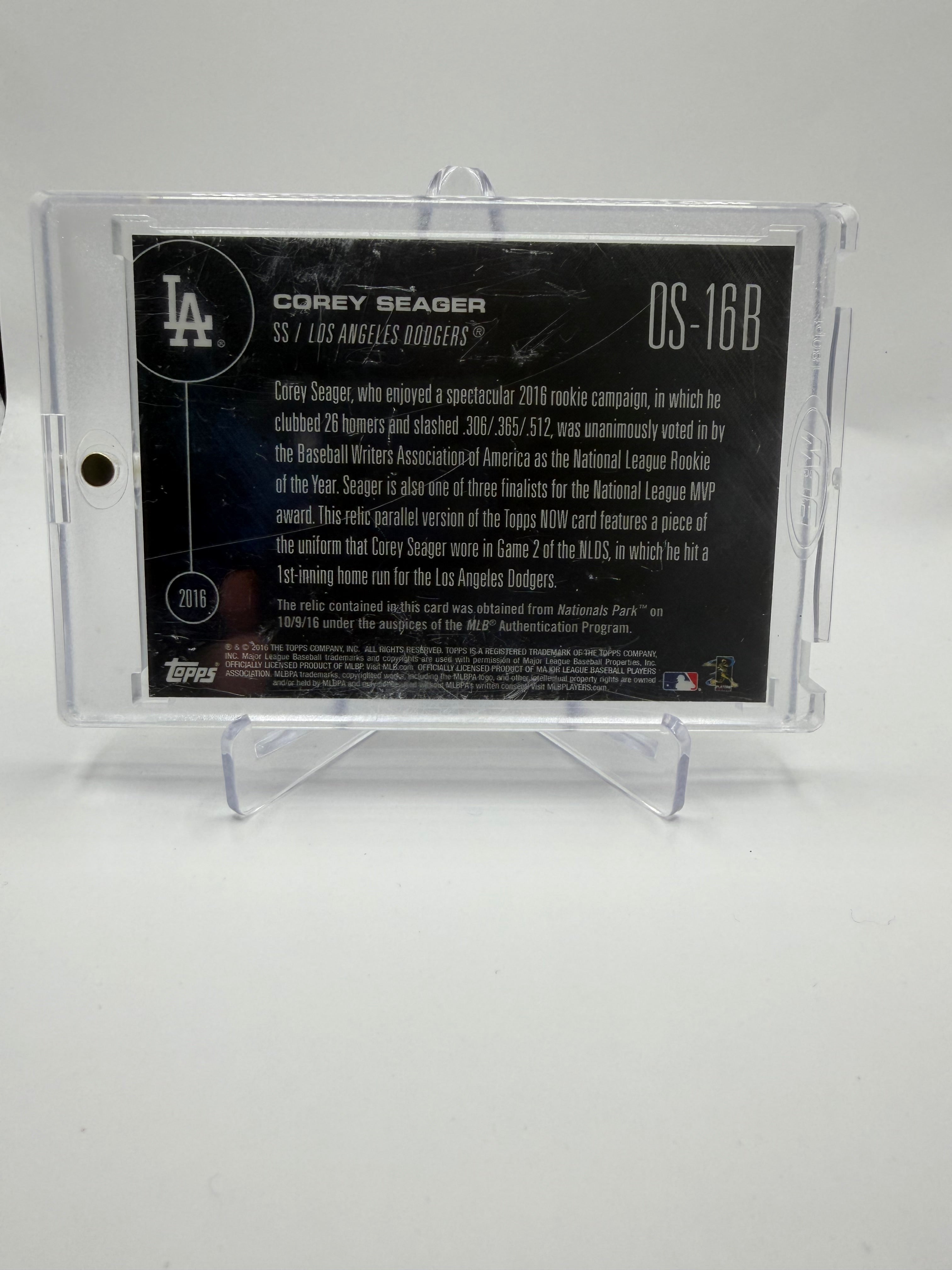2016 Topps Now Corey Seager OS-16B Game-Used Jersey Relic Parallel Rookie Card /199