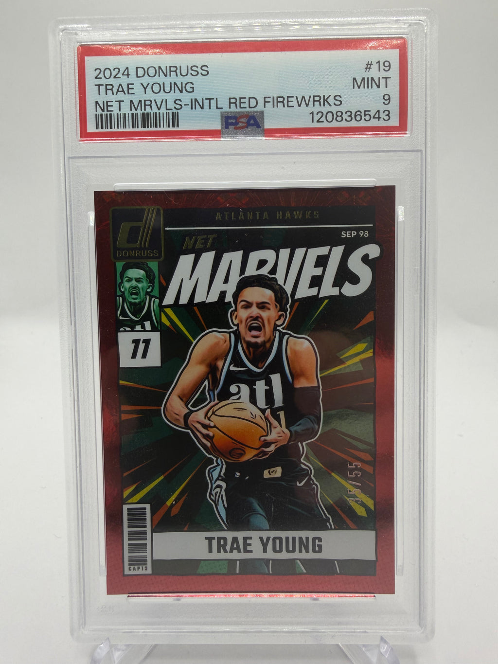 2024-25 Panini Donruss Net Marvels International Red Fireworks #19 Trae Young /55 PSA 9