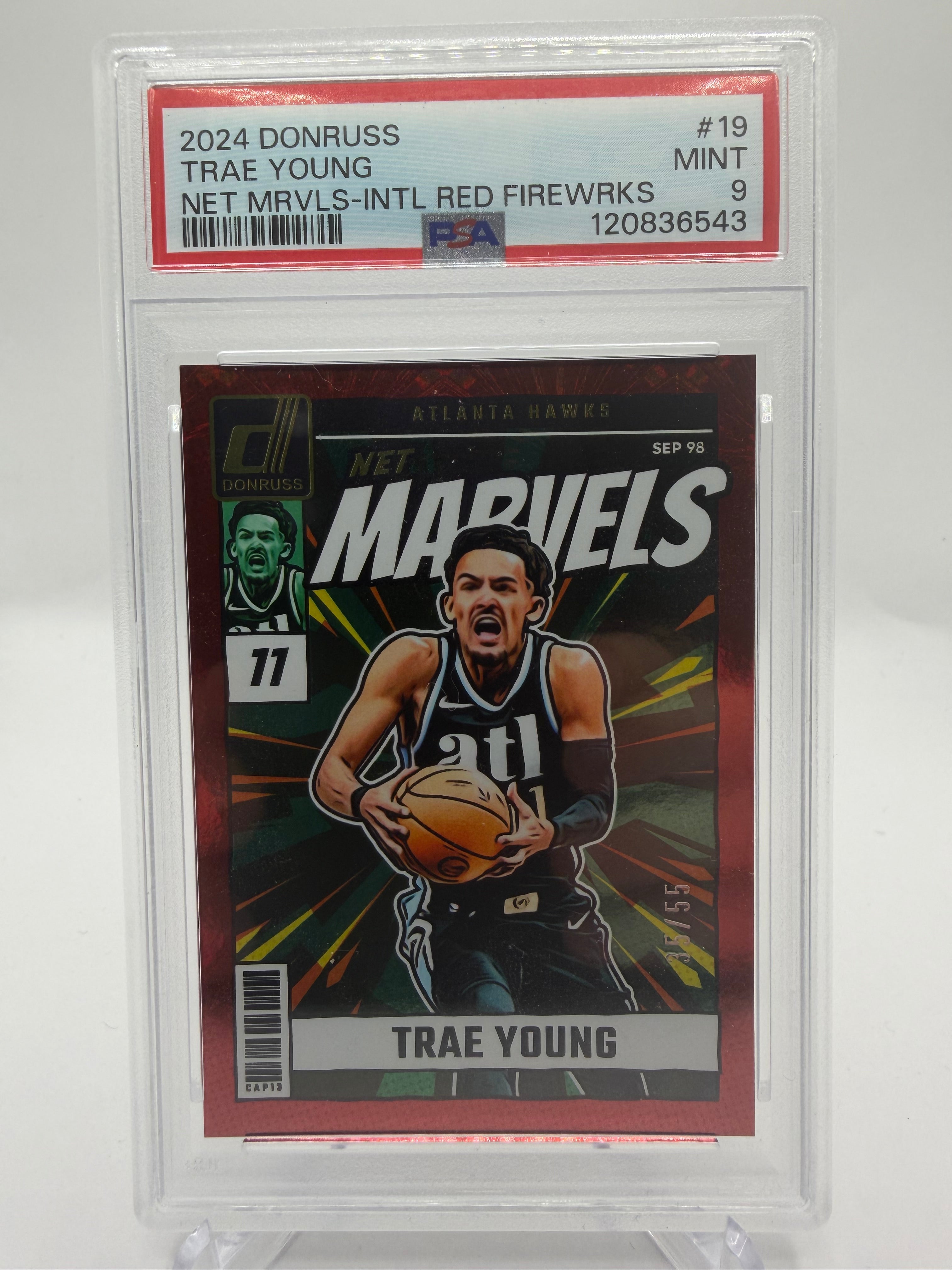 2024-25 Panini Donruss Net Marvels International Red Fireworks #19 Trae Young /55 PSA 9