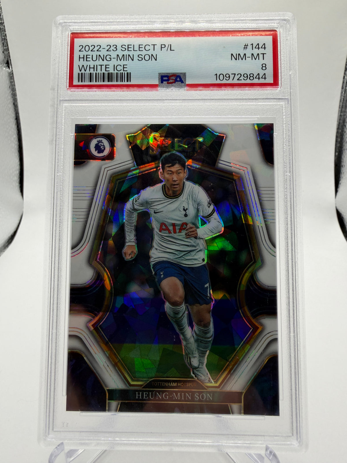 2022-23 Panini Select Premier League Soccer Heung-Min Son Mezzanine White Ice Prizm #144 /25 PSA 8