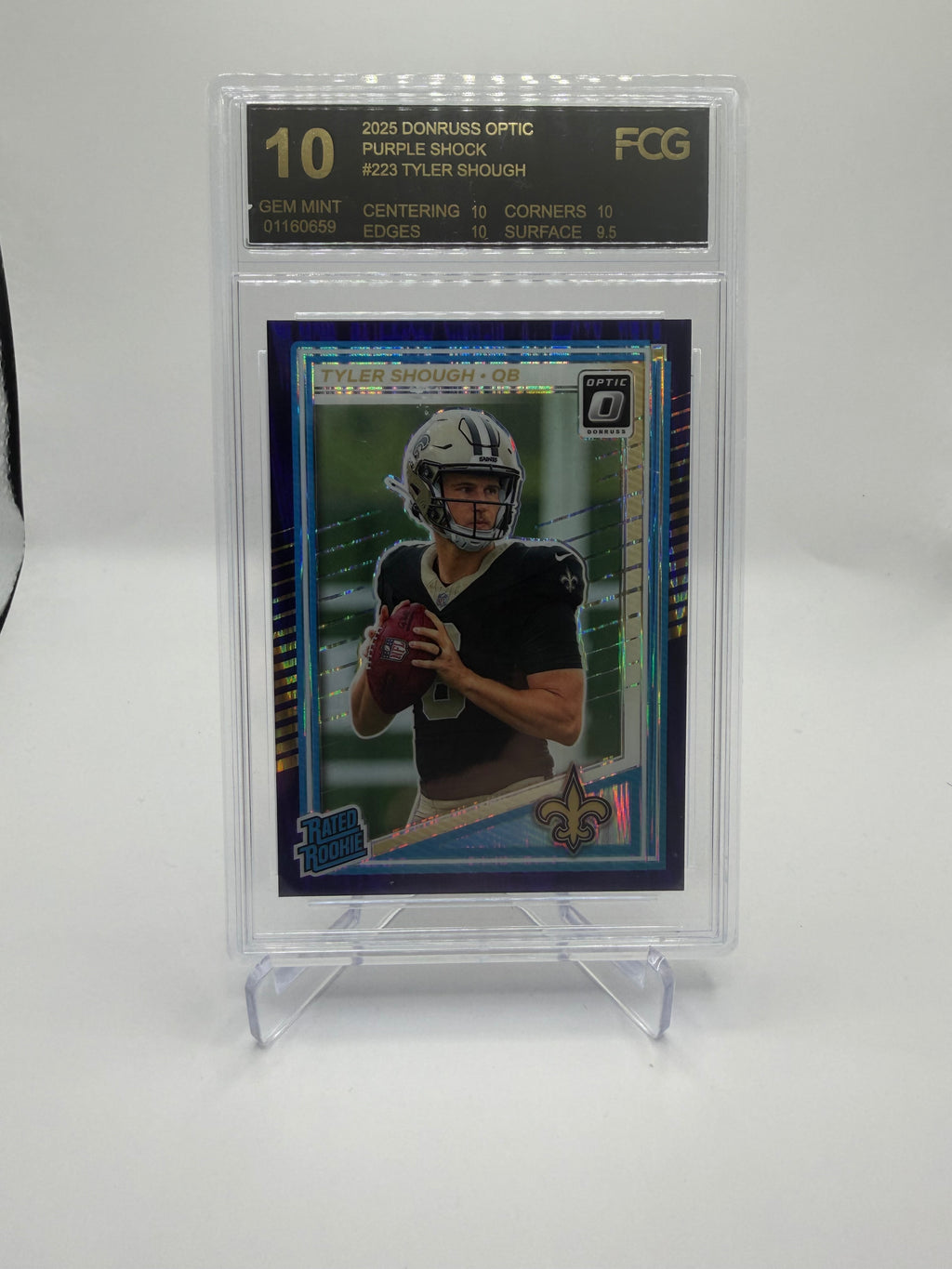2025 Donruss Optic Football Purple Shock #223 Tyler Shough Rated Rookie FCG Gem Mint 10