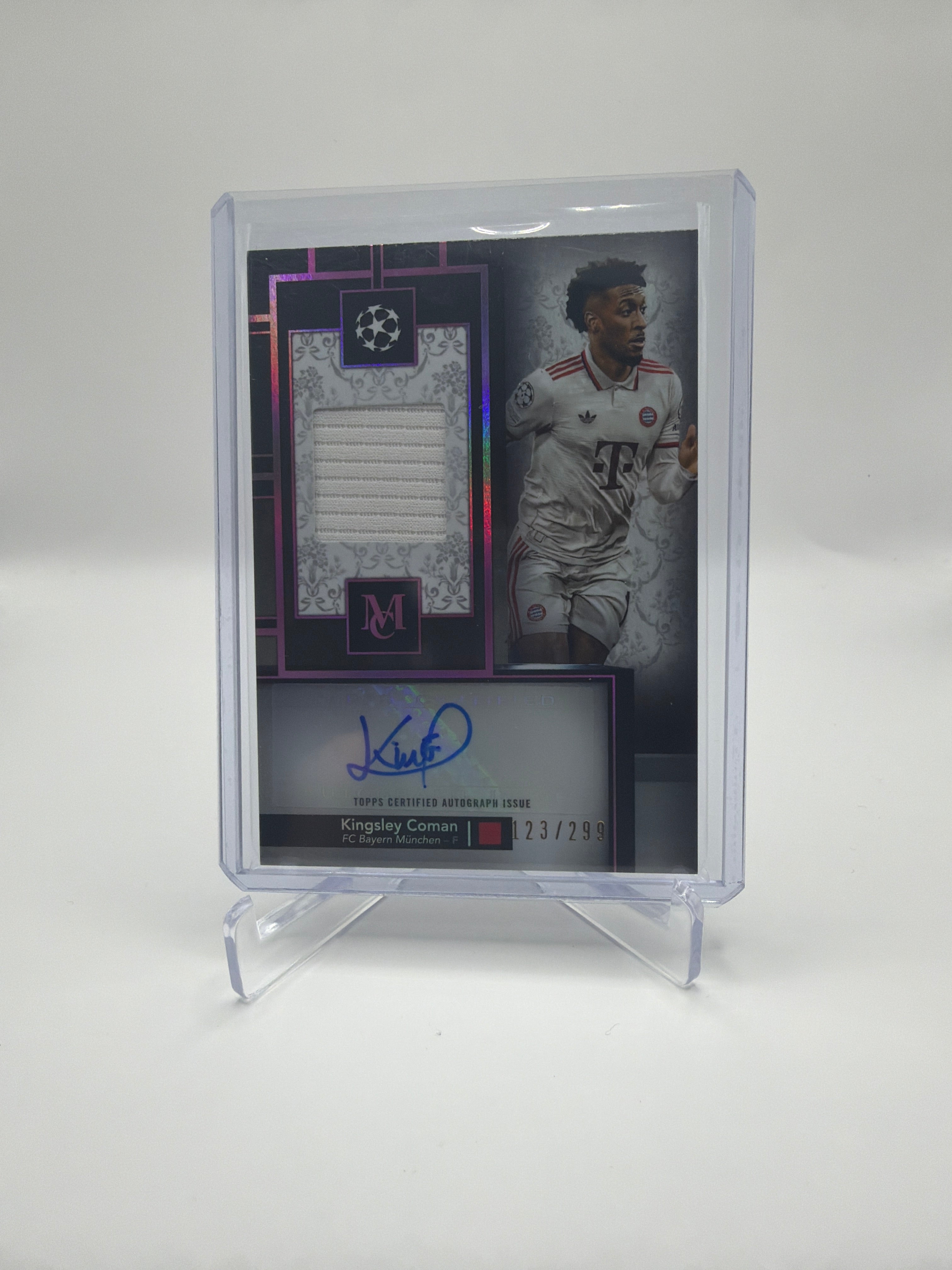 2024-25 Topps Museum Collection UEFA Club Competitions Kingsley Coman Museum Autograph Relic Pink/Purple Foil Jersey Auto /299 #MAR-KC