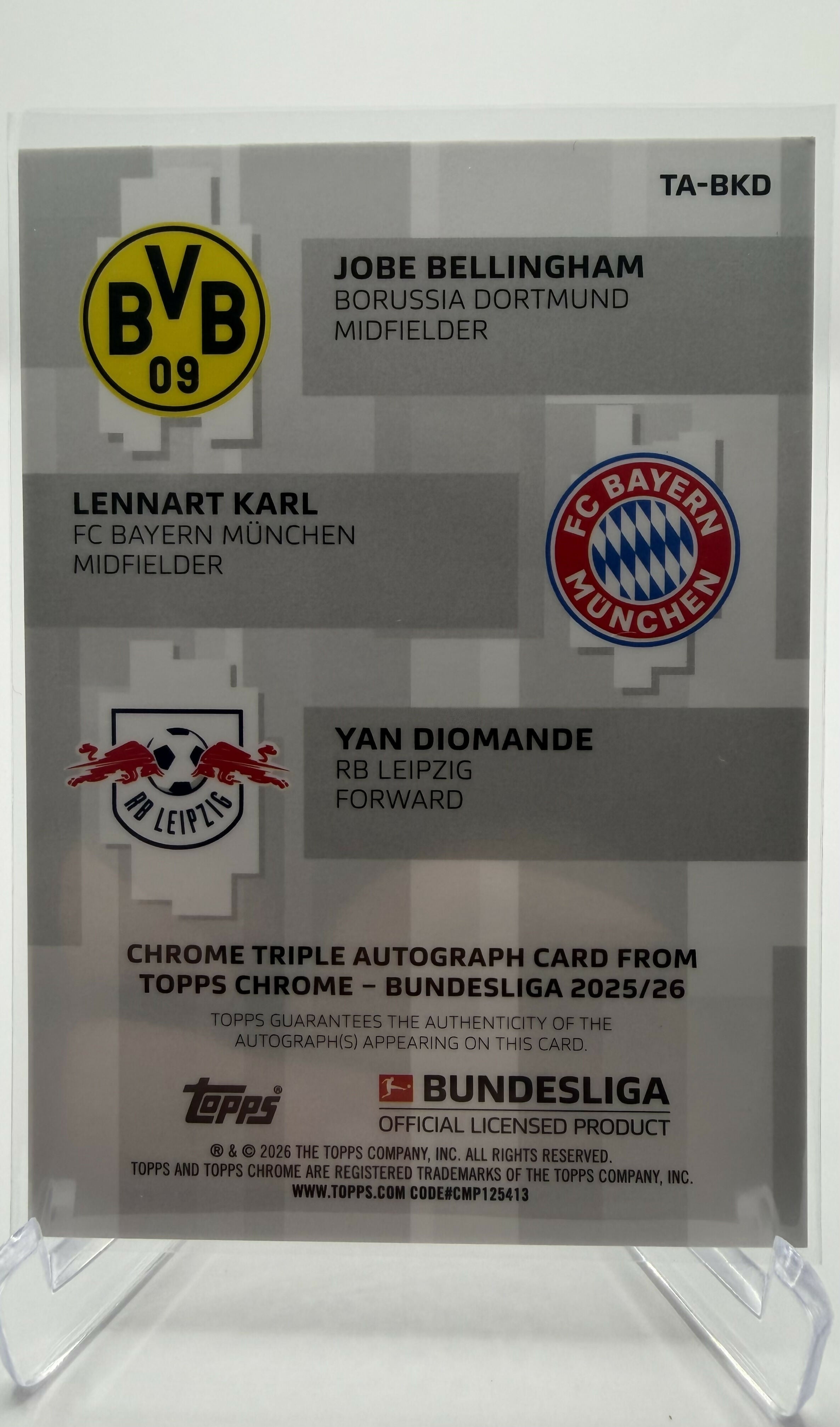 2026 Bundesliga Chrome Jobe Bellingham, Lennart Karl, Yan Diomande Triple Auto /25