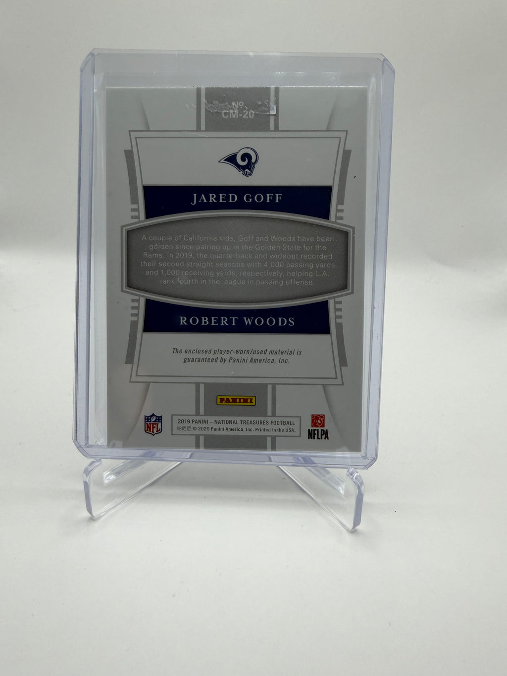 2019 Panini National Treasures Football NFL Gear Combo Materials Jared Goff / Robert Woods Dual Relic #CM-20  /99