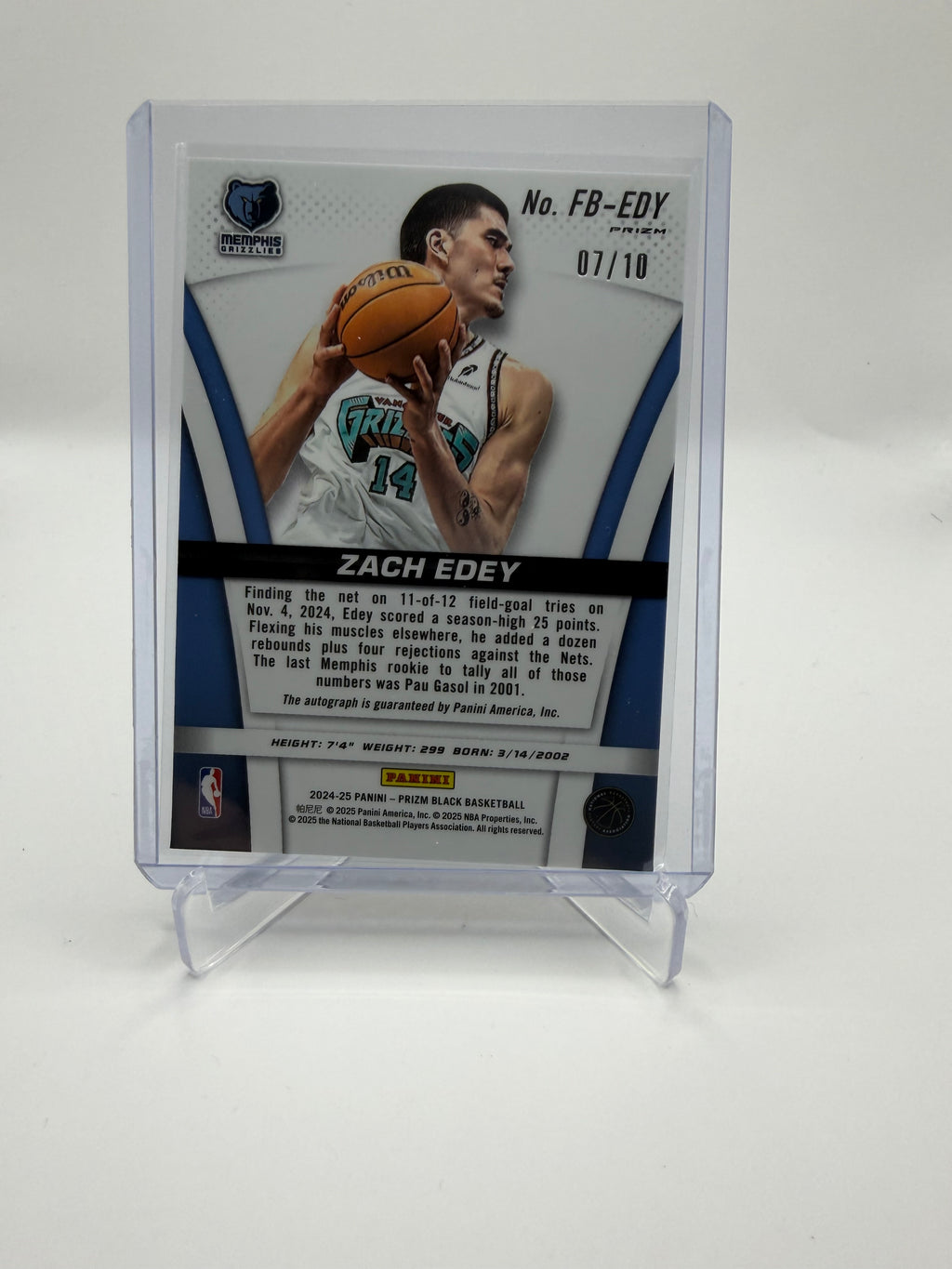 2024-25 Panini Prizm Black Basketball Zach Edey Rookie Autograph Gold Prizm /10 #FB-EDY