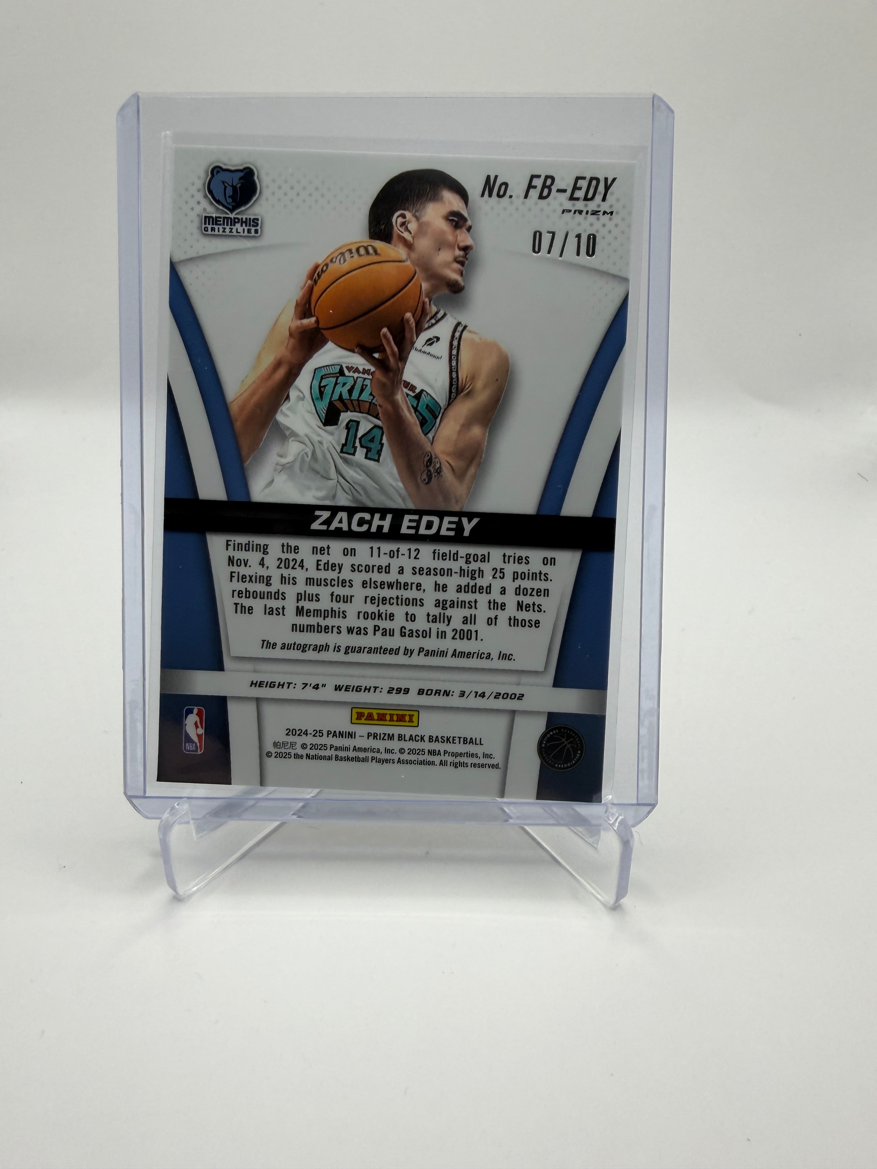 2024-25 Panini Prizm Black Basketball Zach Edey Rookie Autograph Gold Prizm /10 #FB-EDY