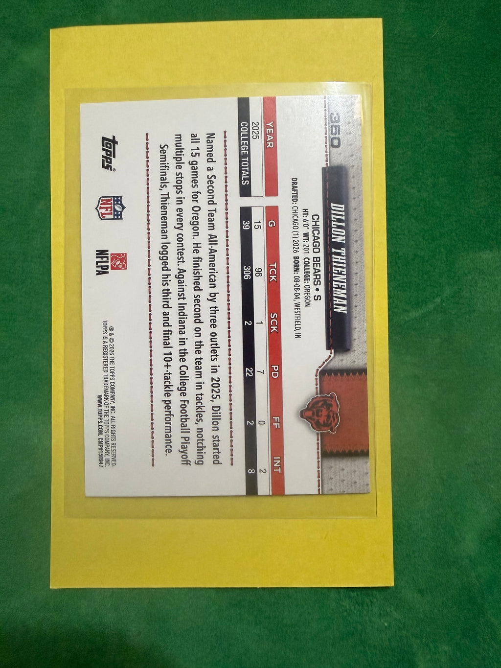 2026 Topps Football Dillon Thieneman Team Border Rookie
