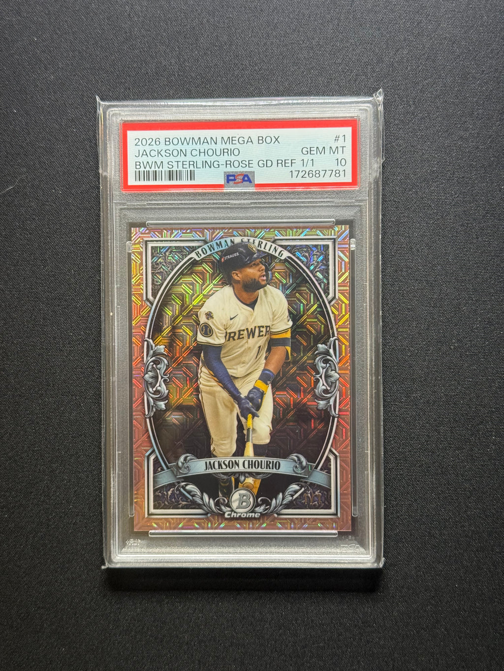 2026 Bowman Mega Box Jackson Chourio Bowman Sterling Revelation Rose Gold Refractor 1/1 #BSI-1 PSA 10
