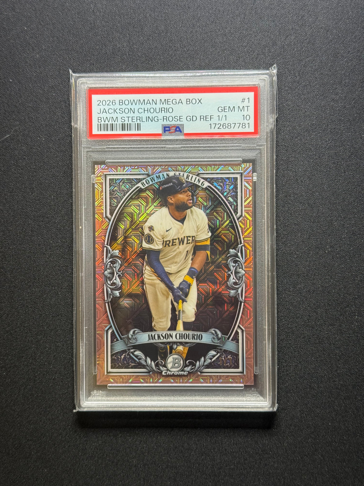 2026 Bowman Mega Box Jackson Chourio Bowman Sterling Revelation Rose Gold Refractor 1/1 #BSI-1 PSA 10