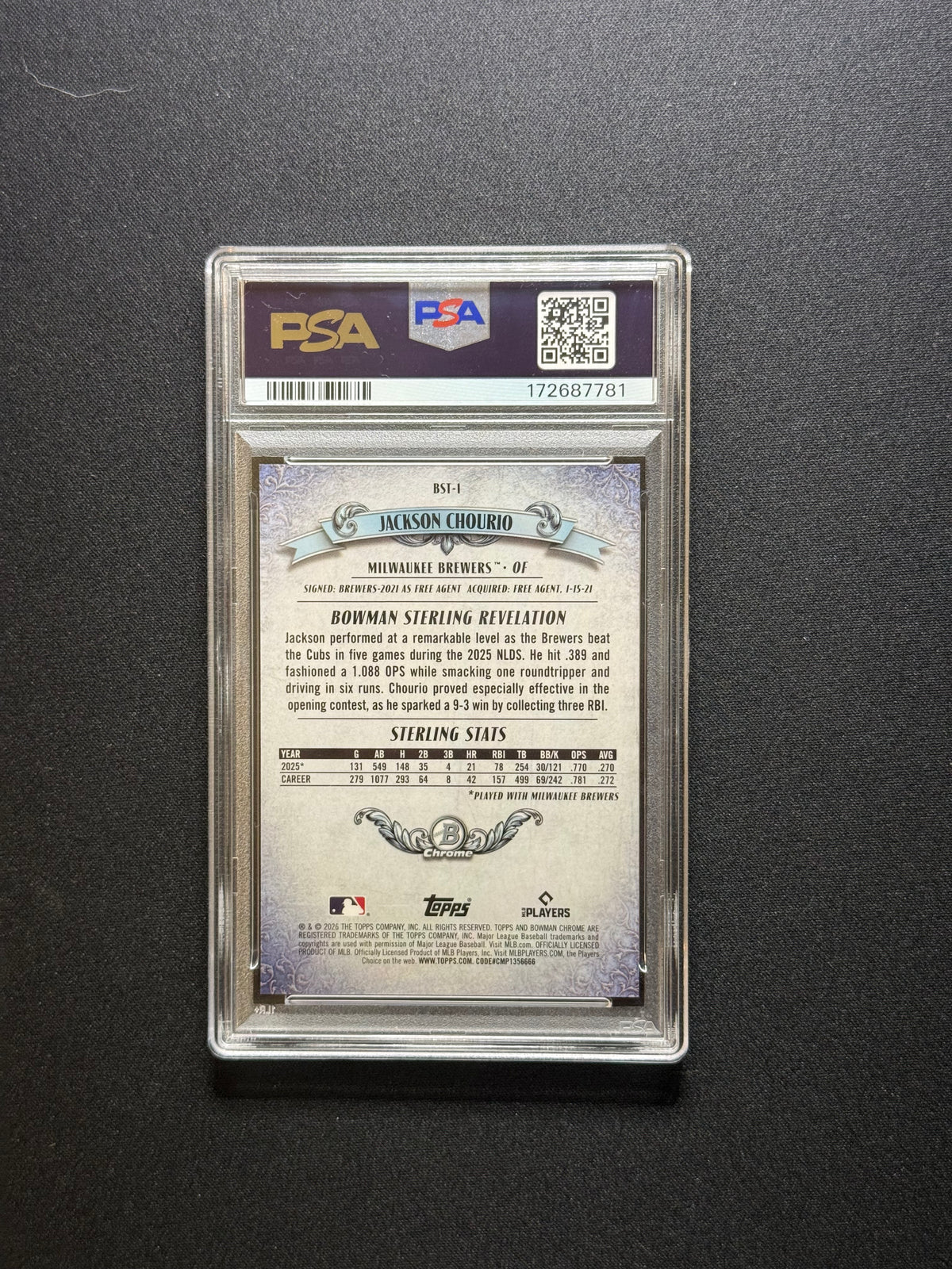 2026 Bowman Mega Box Jackson Chourio Bowman Sterling Revelation Rose Gold Refractor 1/1 #BSI-1 PSA 10