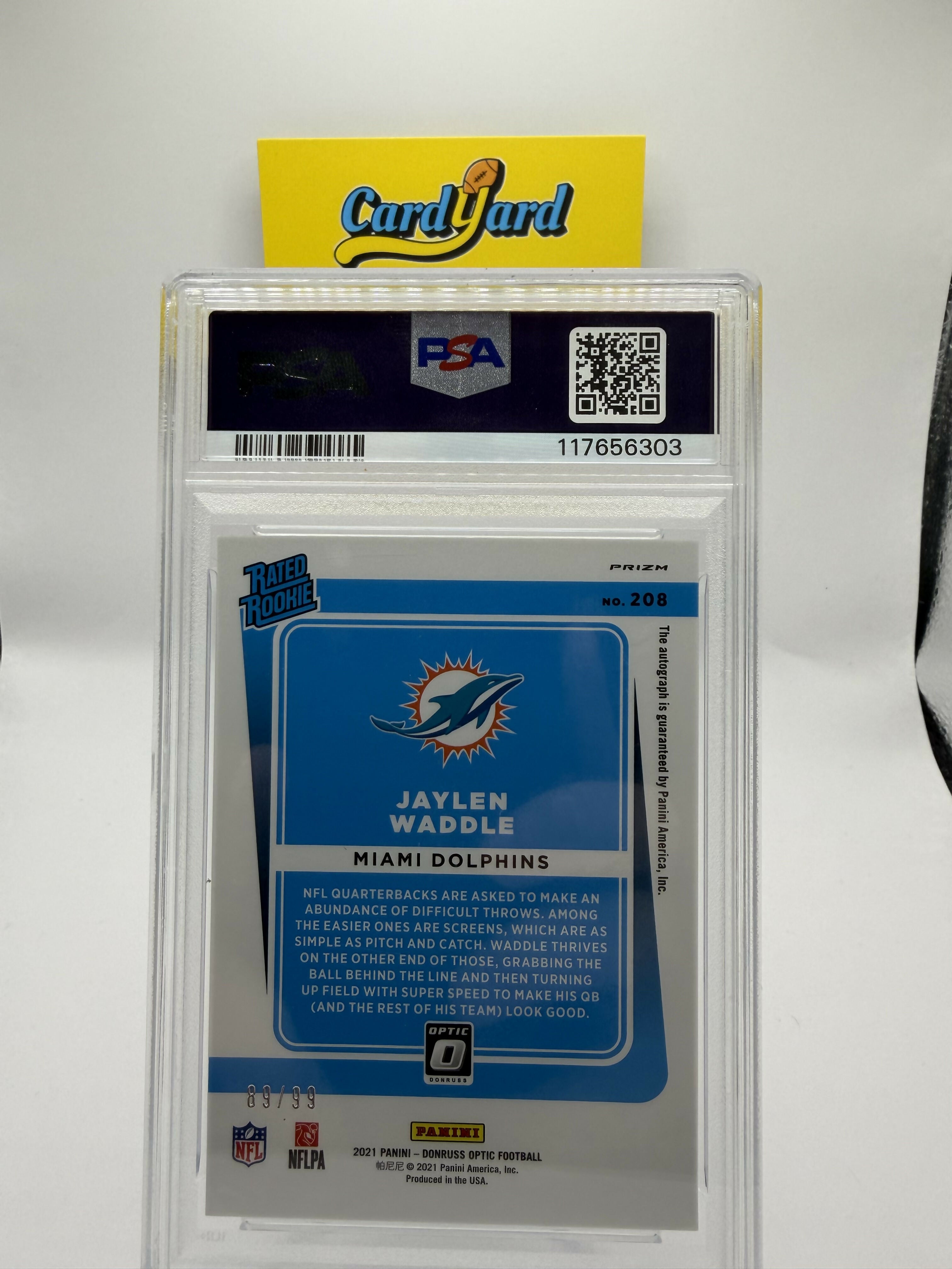 2021 Donruss Optic Jaylen Waddle Blue Auto /99 PSA 8