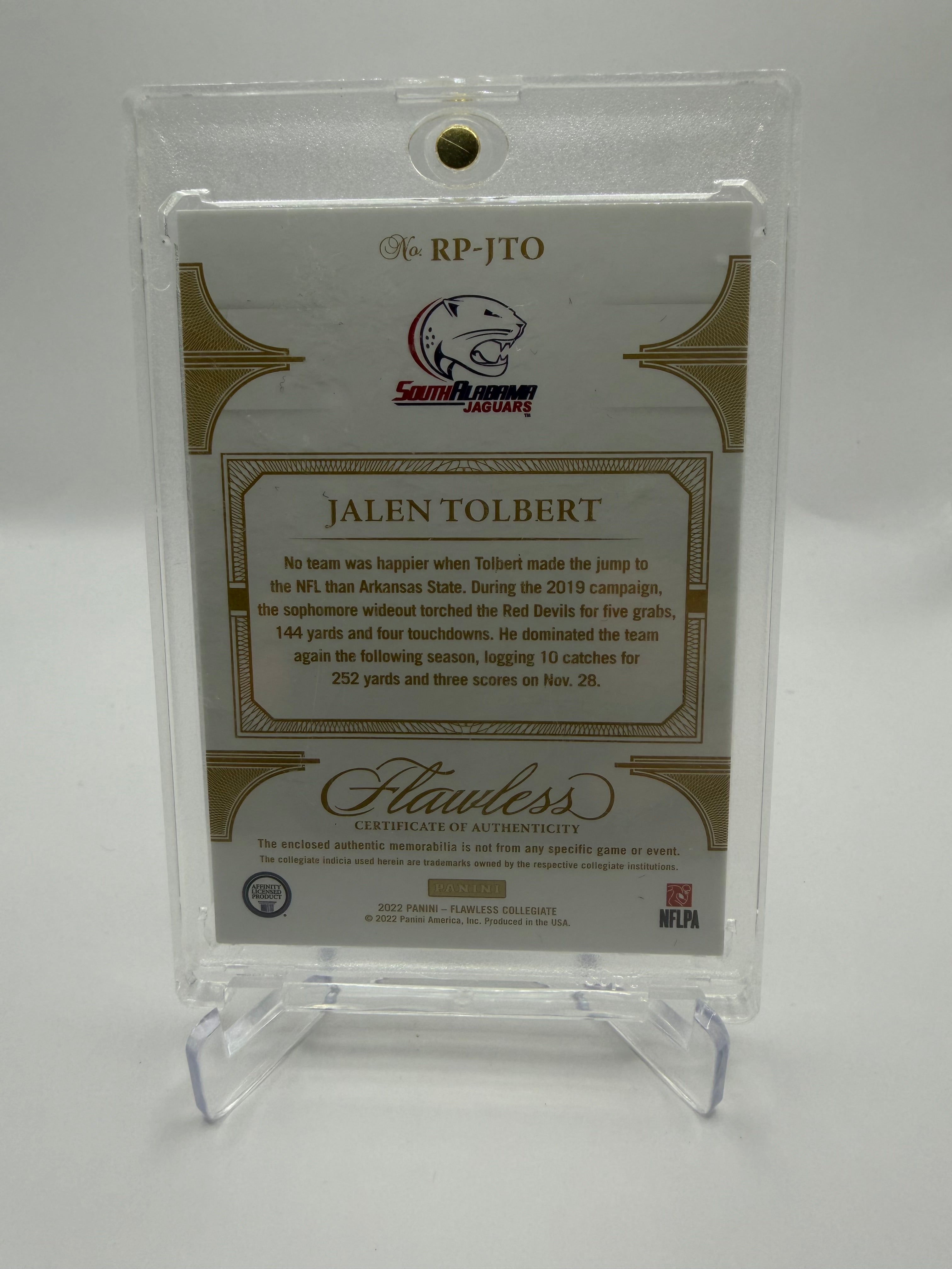 2022 Panini Flawless Collegiate Jalen Tolbert Rookie Patch /25 #RP-JTO