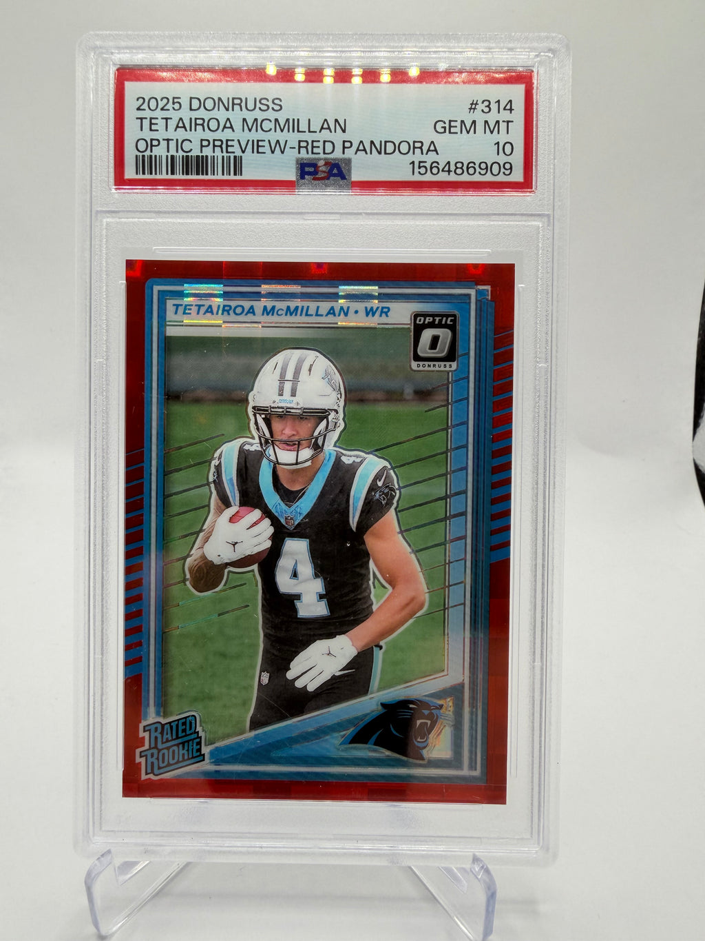 2025 Panini Donruss Football Tetairoa McMillan Rated Rookie Optic Preview Red Pandora #314 PSA 10
