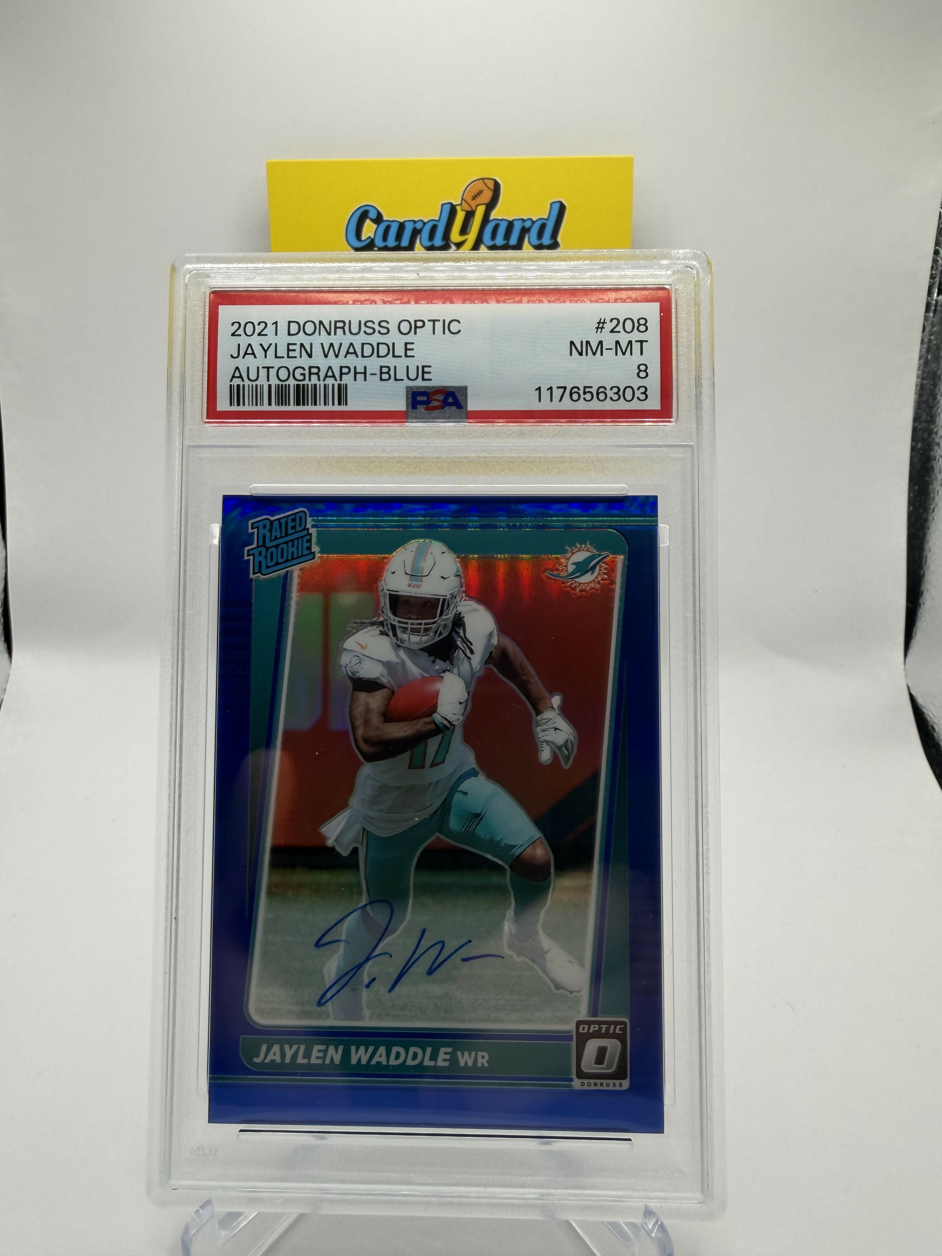 2021 Donruss Optic Jaylen Waddle Blue Auto /99 PSA 8
