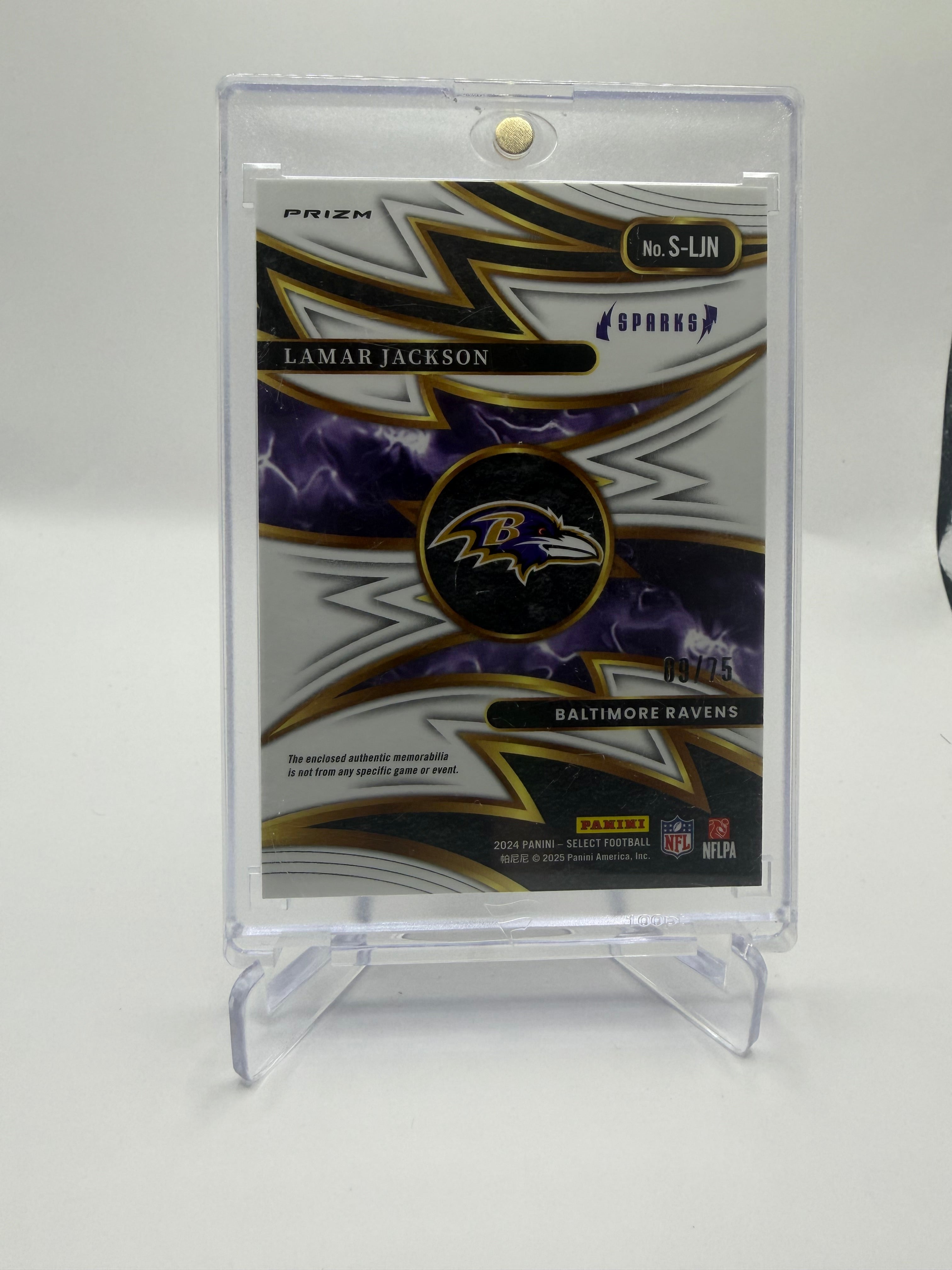 2024 Panini Select Football Sparks Memorabilia Purple Prizm Lamar Jackson #S-LJN /75